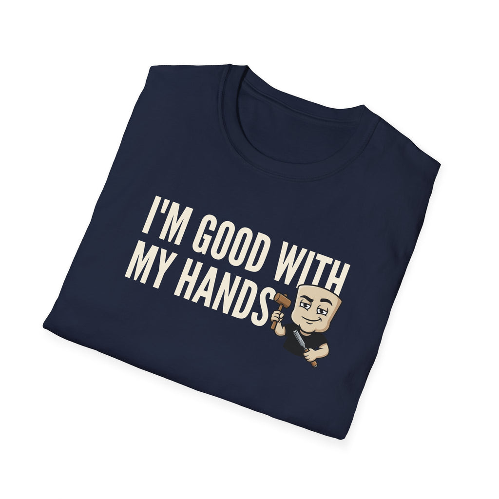 Navy T-shirt with crew neck, 'I'M GOOD WITH MY HANDS' print and cartoon builder