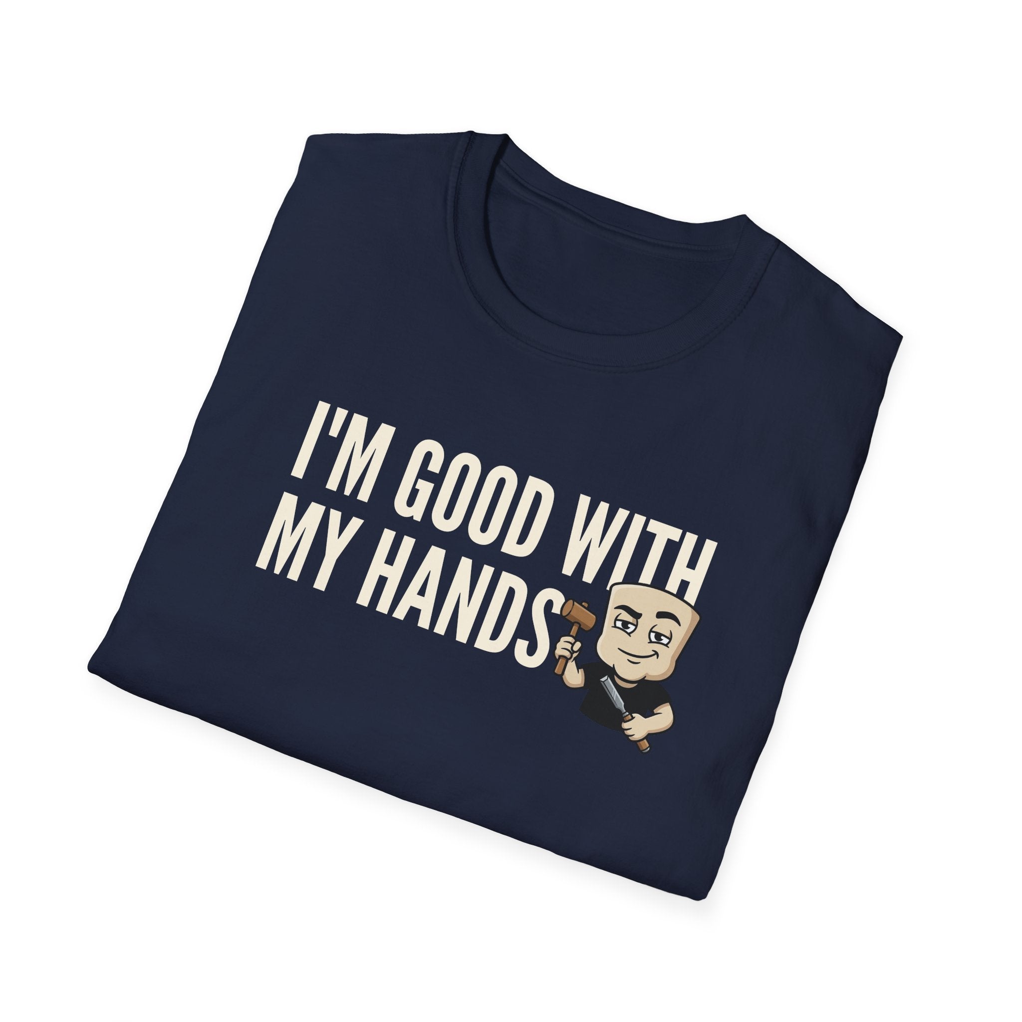 Navy T-shirt with crew neck, 'I'M GOOD WITH MY HANDS' print and cartoon builder