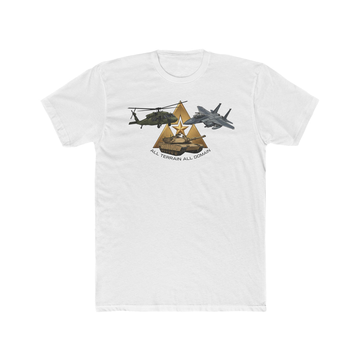 White crew-neck T-shirt with aviation emblem graphic of helicopter, jet, and star crest