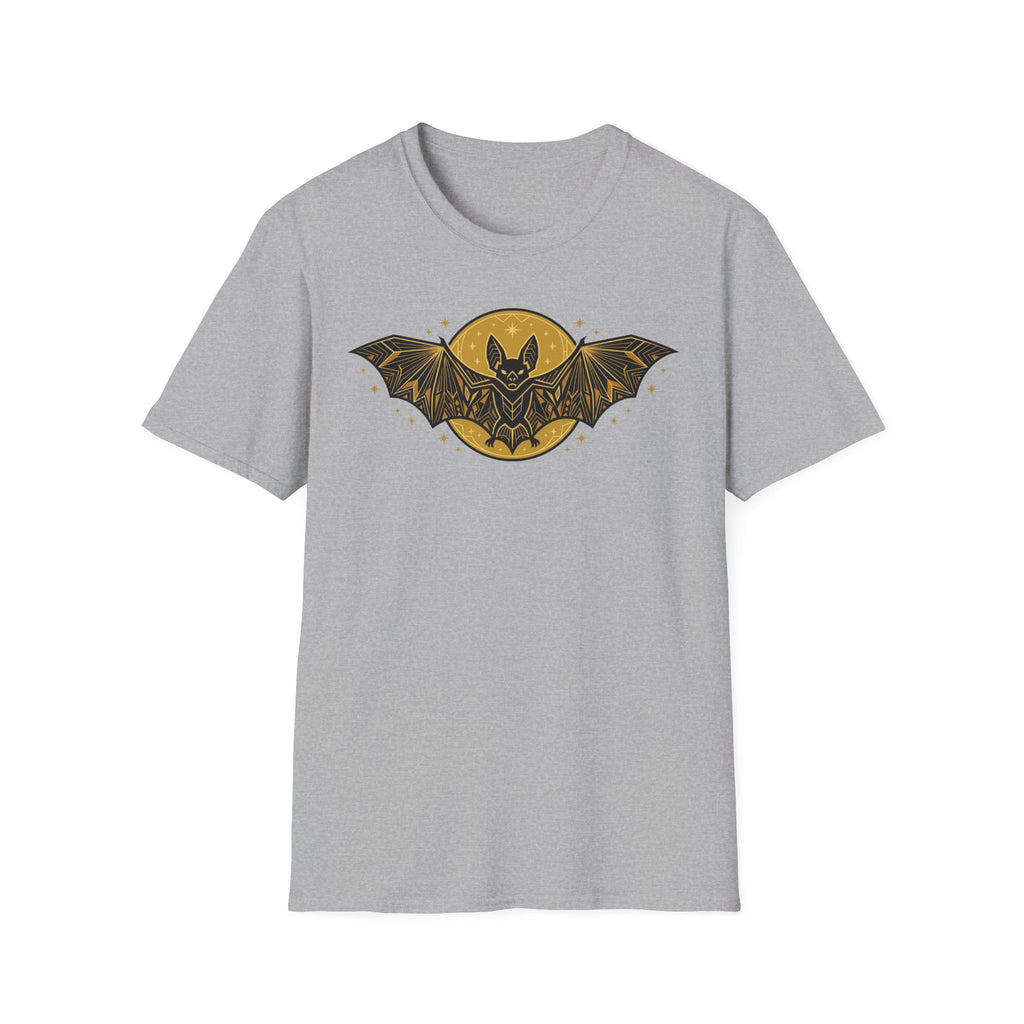 Light gray crew-neck t-shirt with gold bat-and-moon graphic on the front
