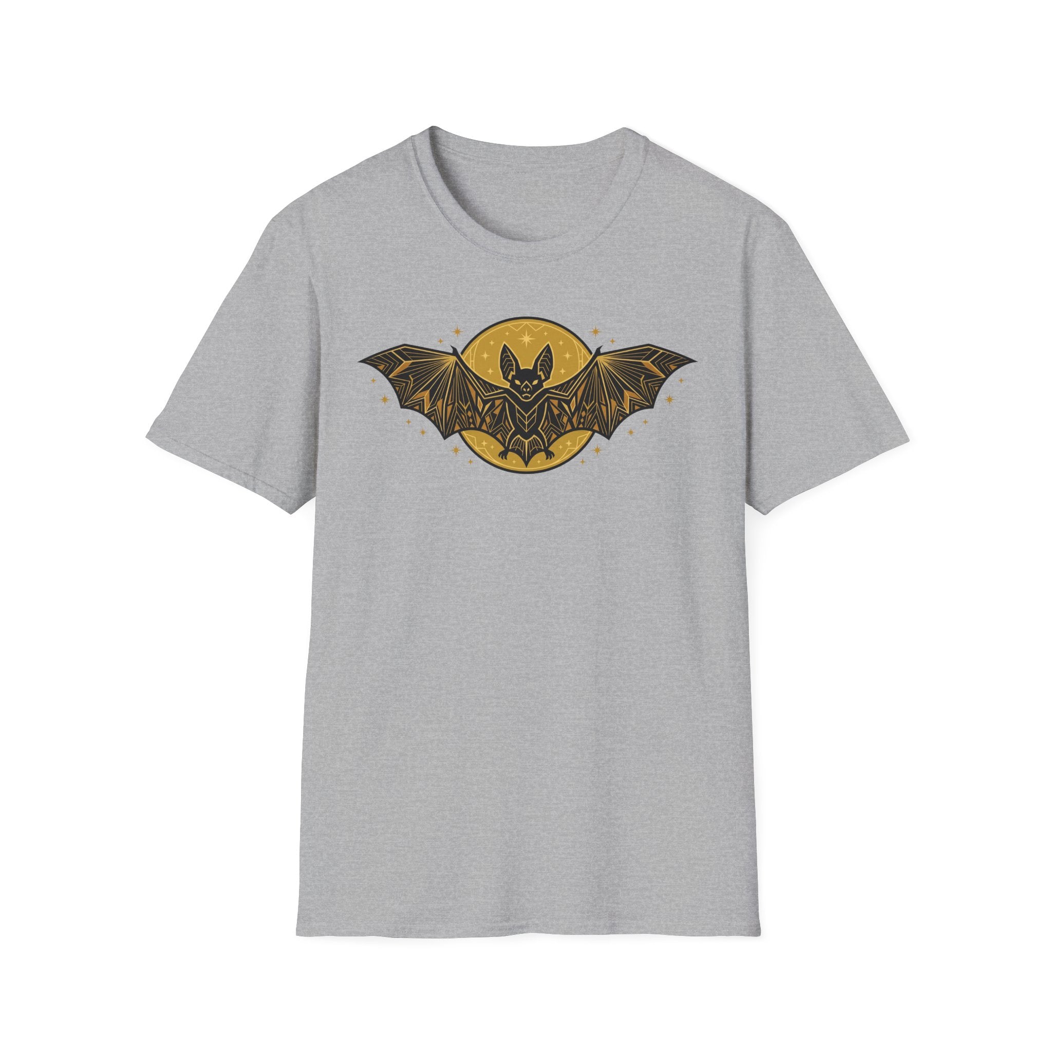 Light gray crew-neck t-shirt with gold bat-and-moon graphic on the front