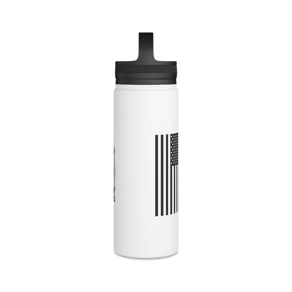 White stainless steel water bottle with black lid and narrow American flag stripe decal