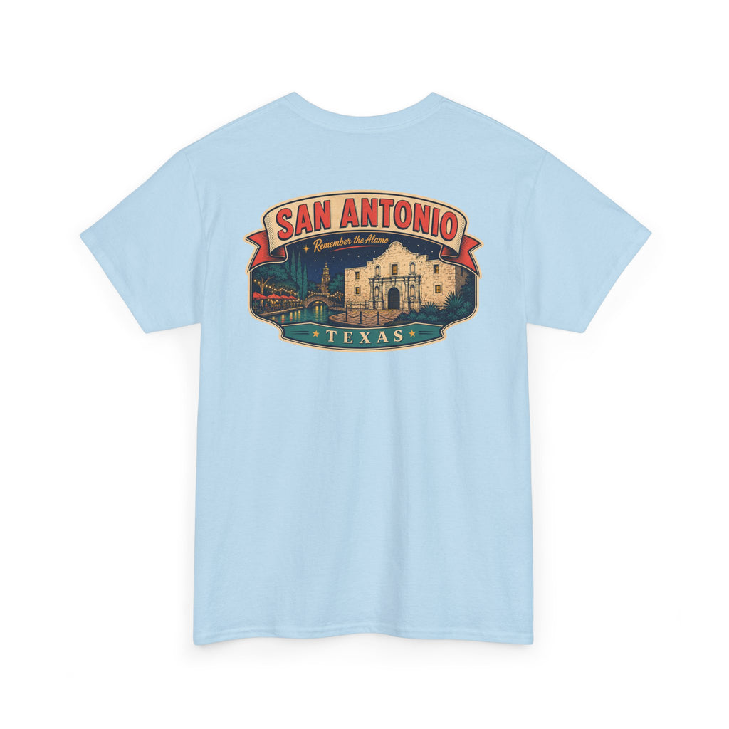 Light blue crewneck T-shirt with San Antonio Texas city badge graphic
