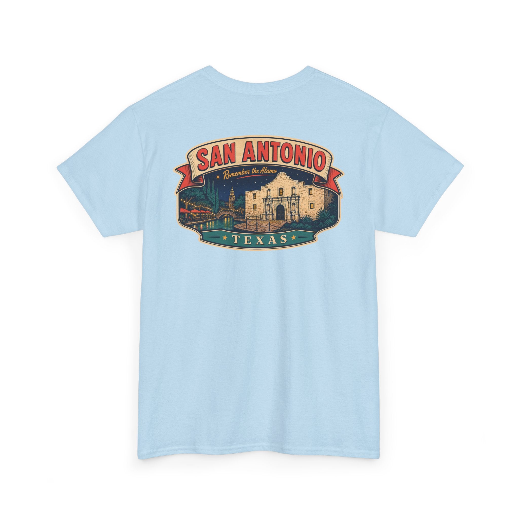 Light blue crewneck T-shirt with San Antonio Texas city badge graphic