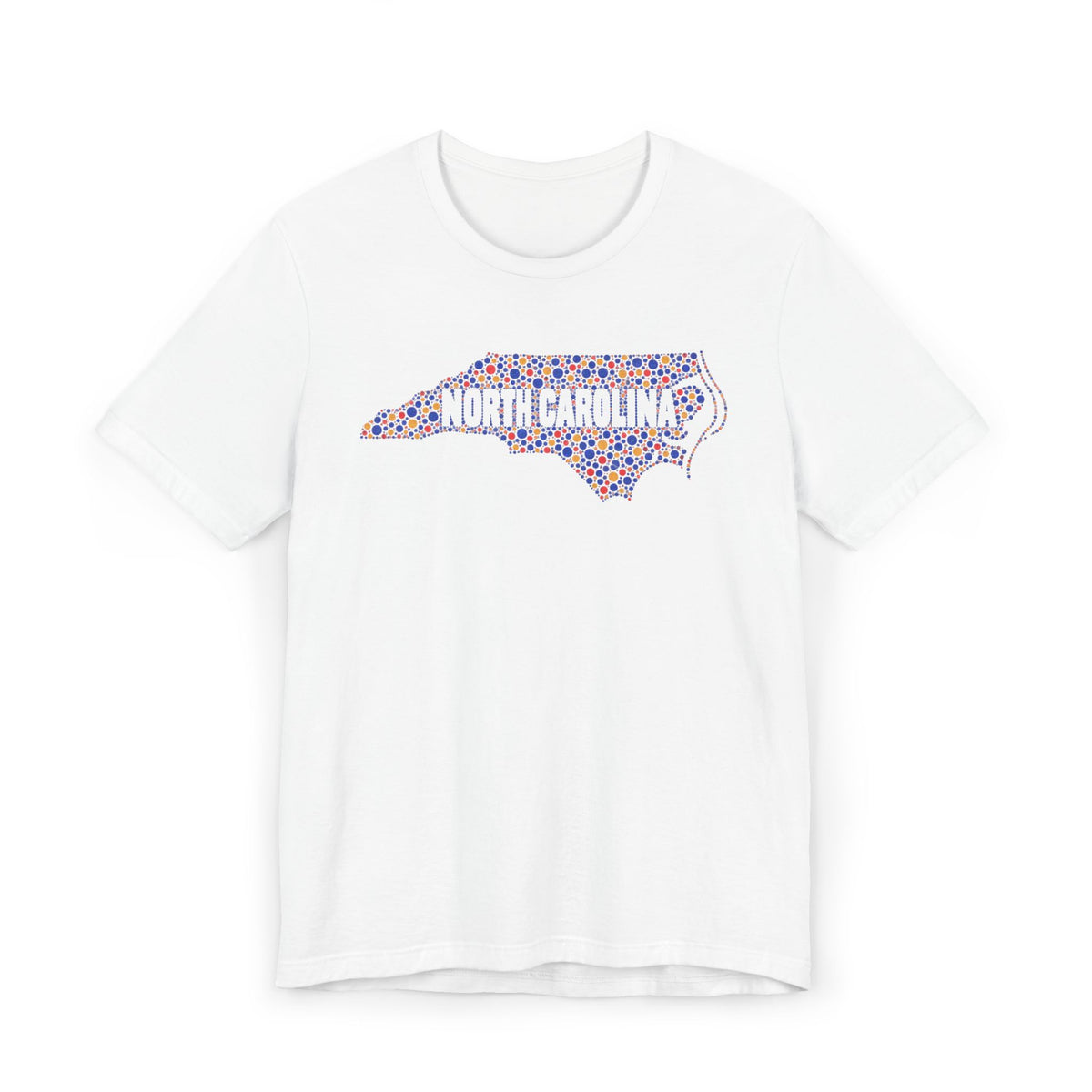 White T-shirt with colorful North Carolina floral map outline graphic on chest