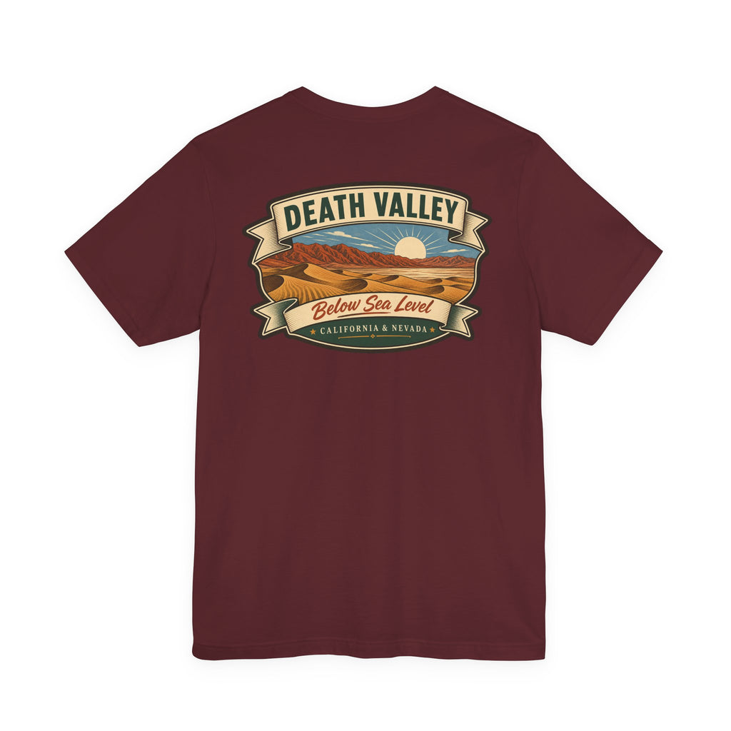 Burgundy t-shirt with Death Valley ribbon landscape graphic on front
