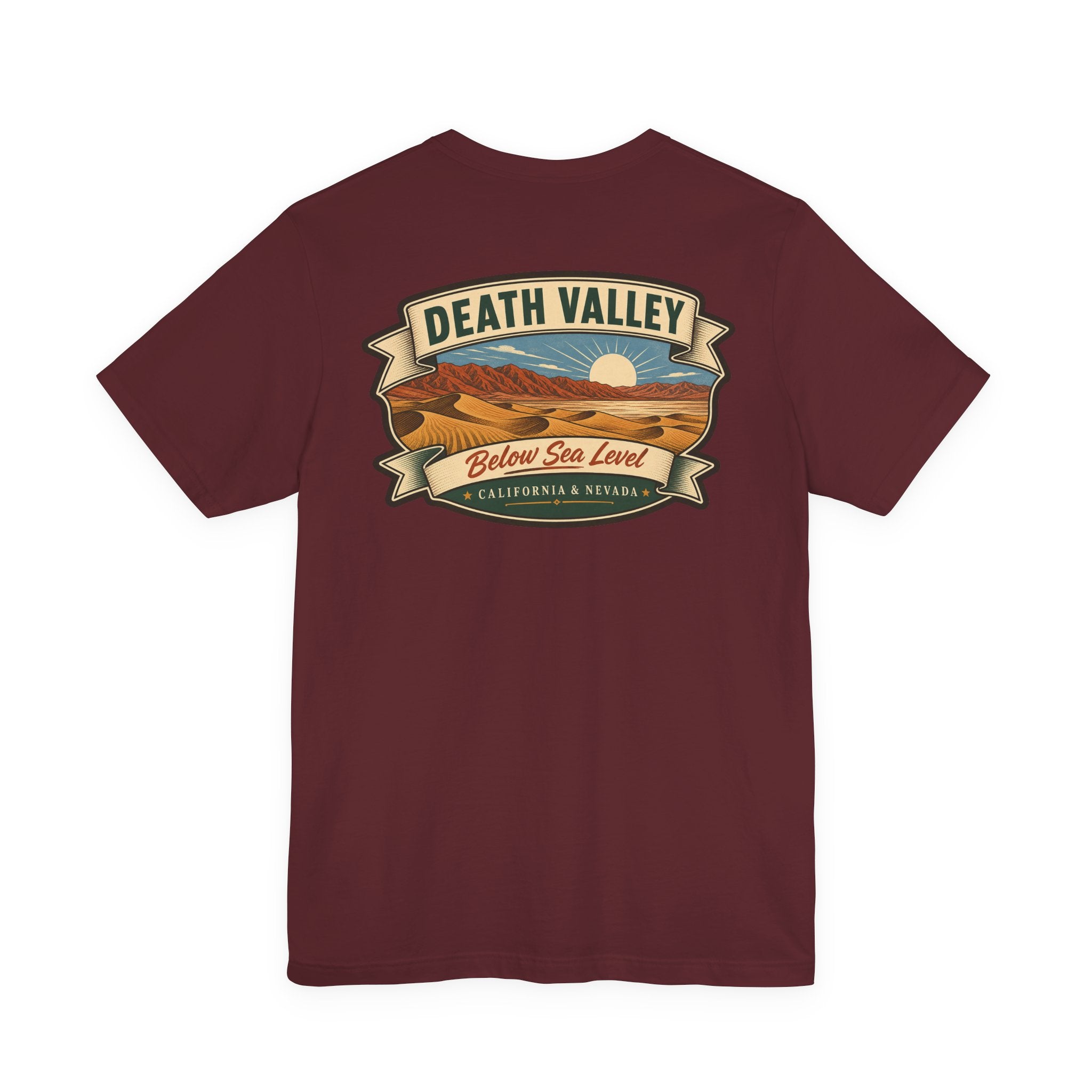 Burgundy t-shirt with Death Valley ribbon landscape graphic on front
