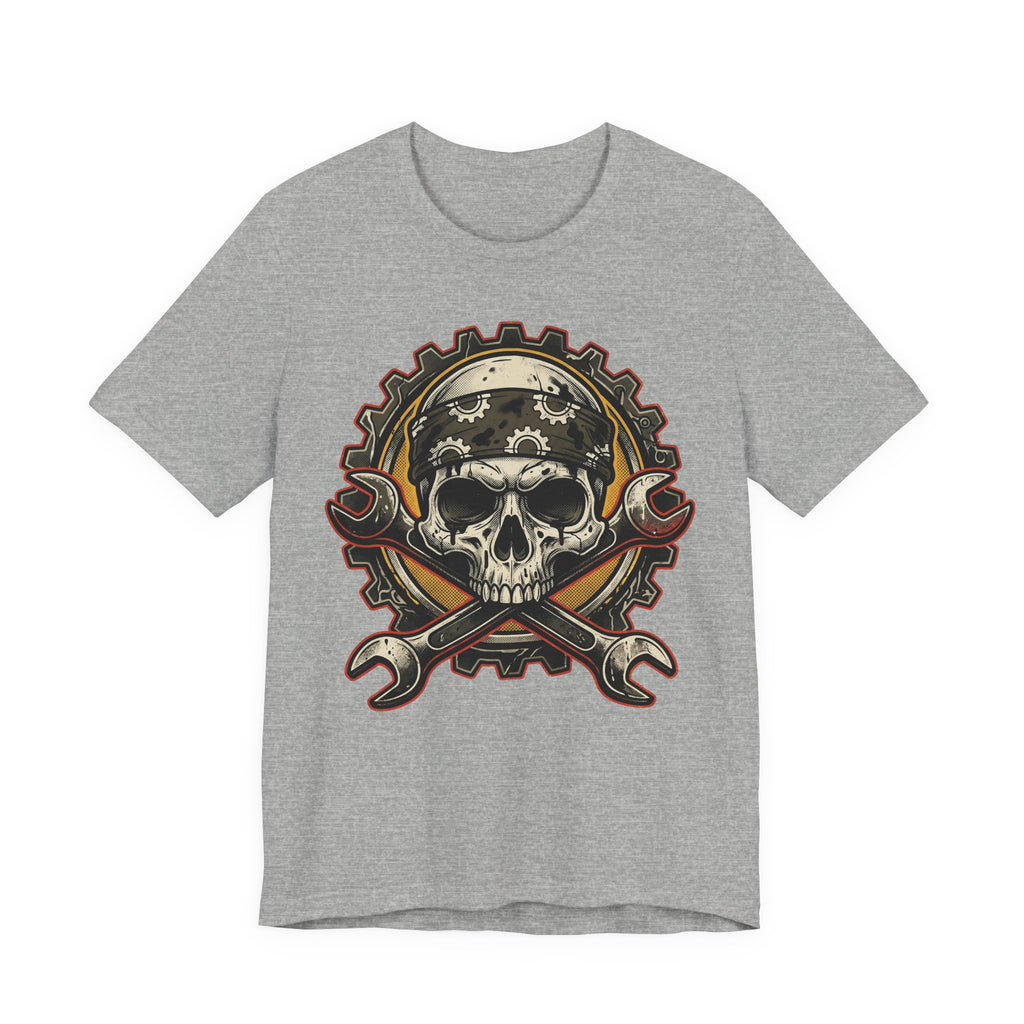 Graues T-Shirt mit Biker-Schädel-Graphic, Schutzhelm und gekreuzten Schraubenschlüsseln