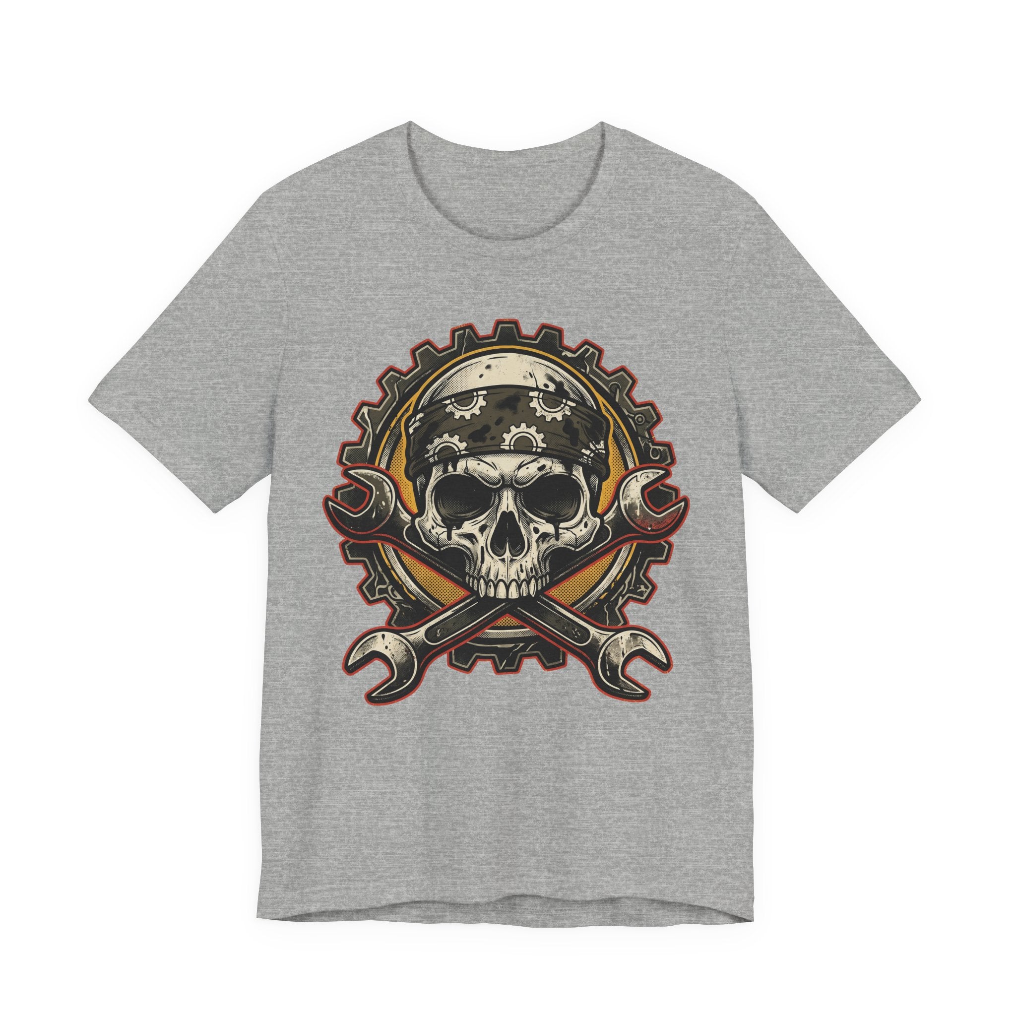 Graues T-Shirt mit Biker-Schädel-Graphic, Schutzhelm und gekreuzten Schraubenschlüsseln