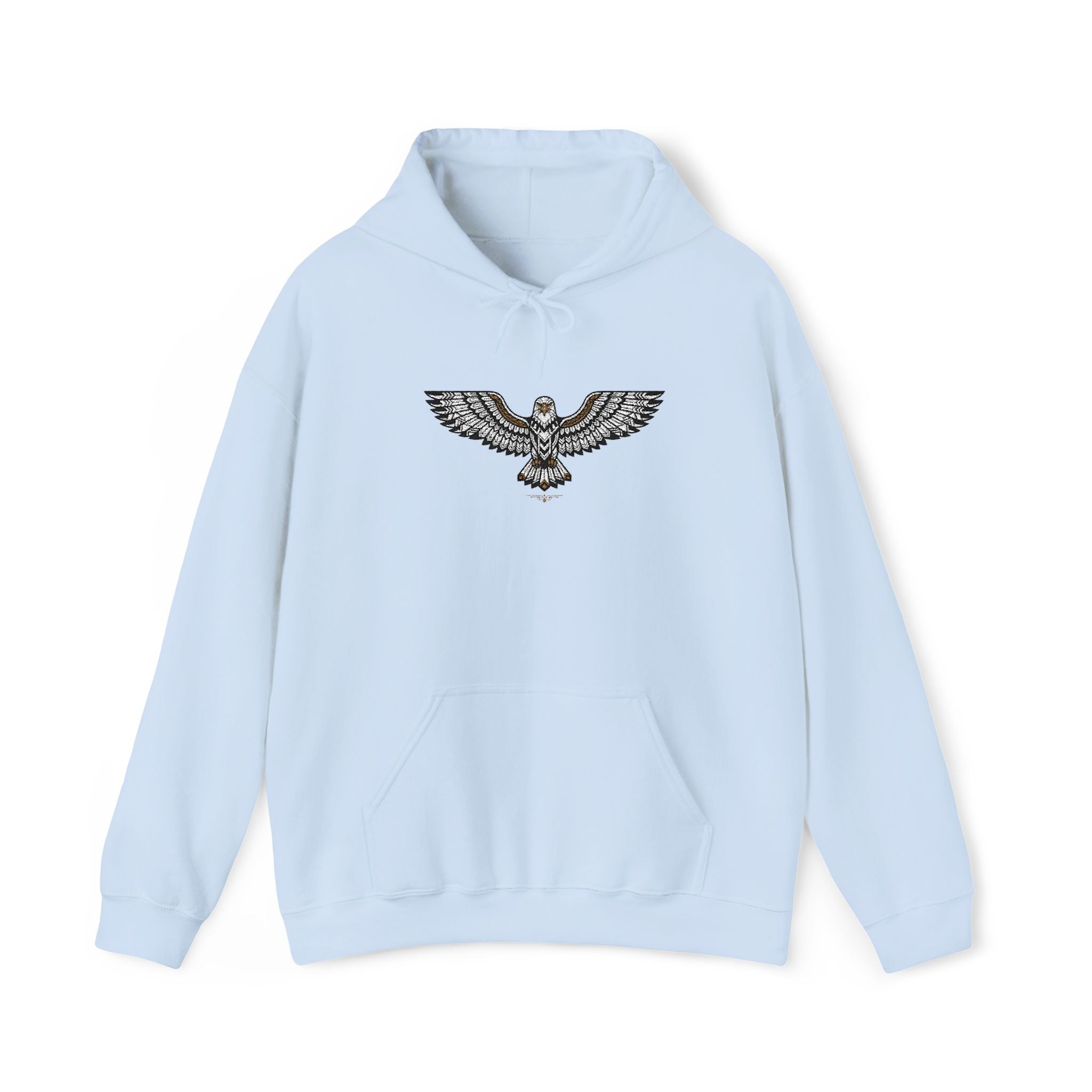 Light blue unisex hoodie with drawstring hood, front pocket, rhinestone eagle chest design