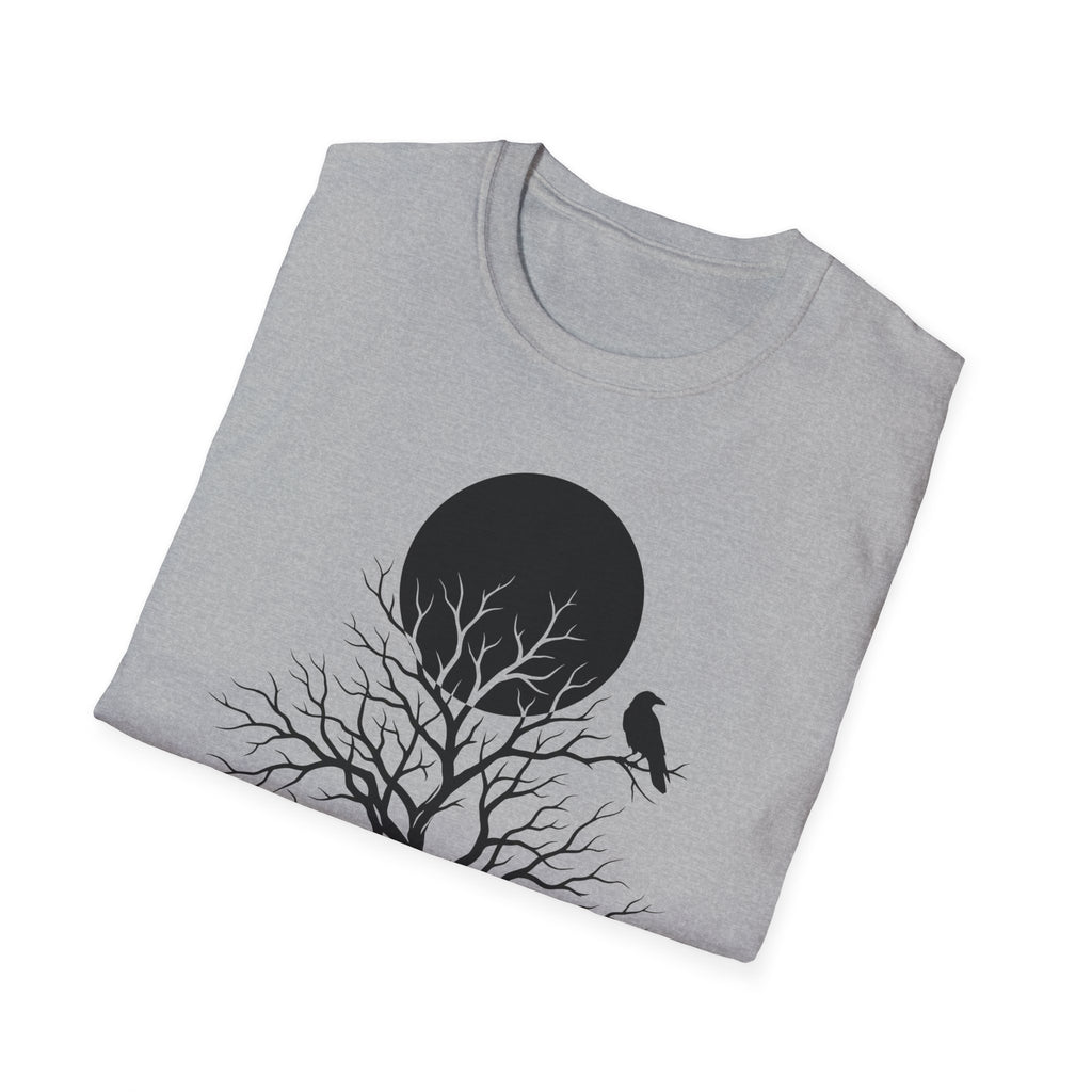 Heather gray T-shirt with black moon, tree branches, and bird graphic