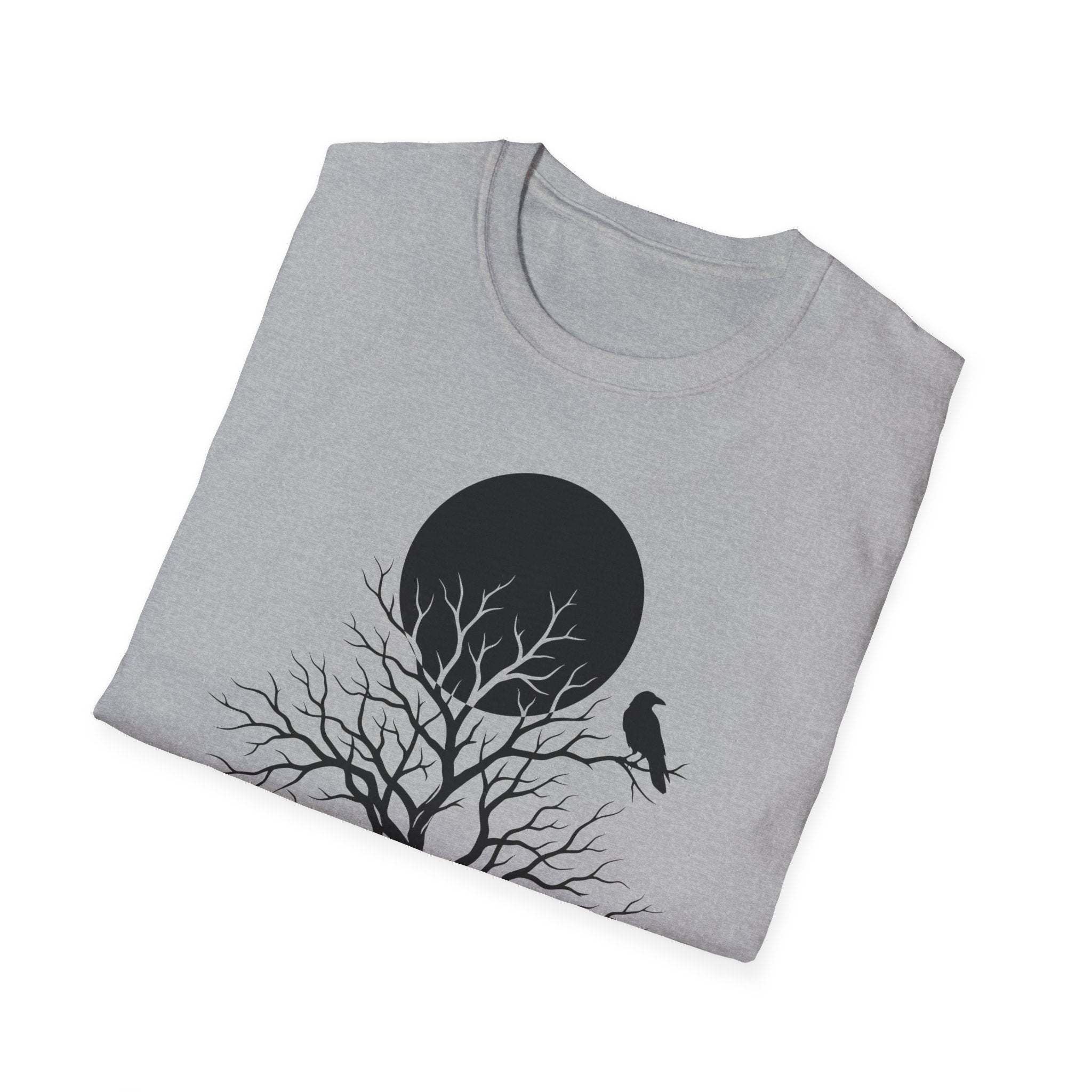 Heather gray T-shirt with black moon, tree branches, and bird graphic