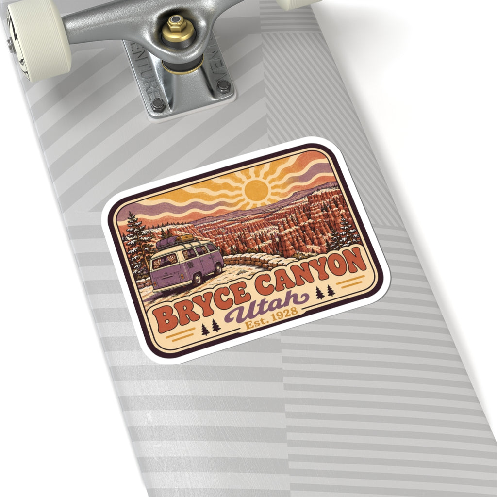 Kiss-cut Bryce Canyon Utah sticker on striped surface, with Est. 1928 and camper van