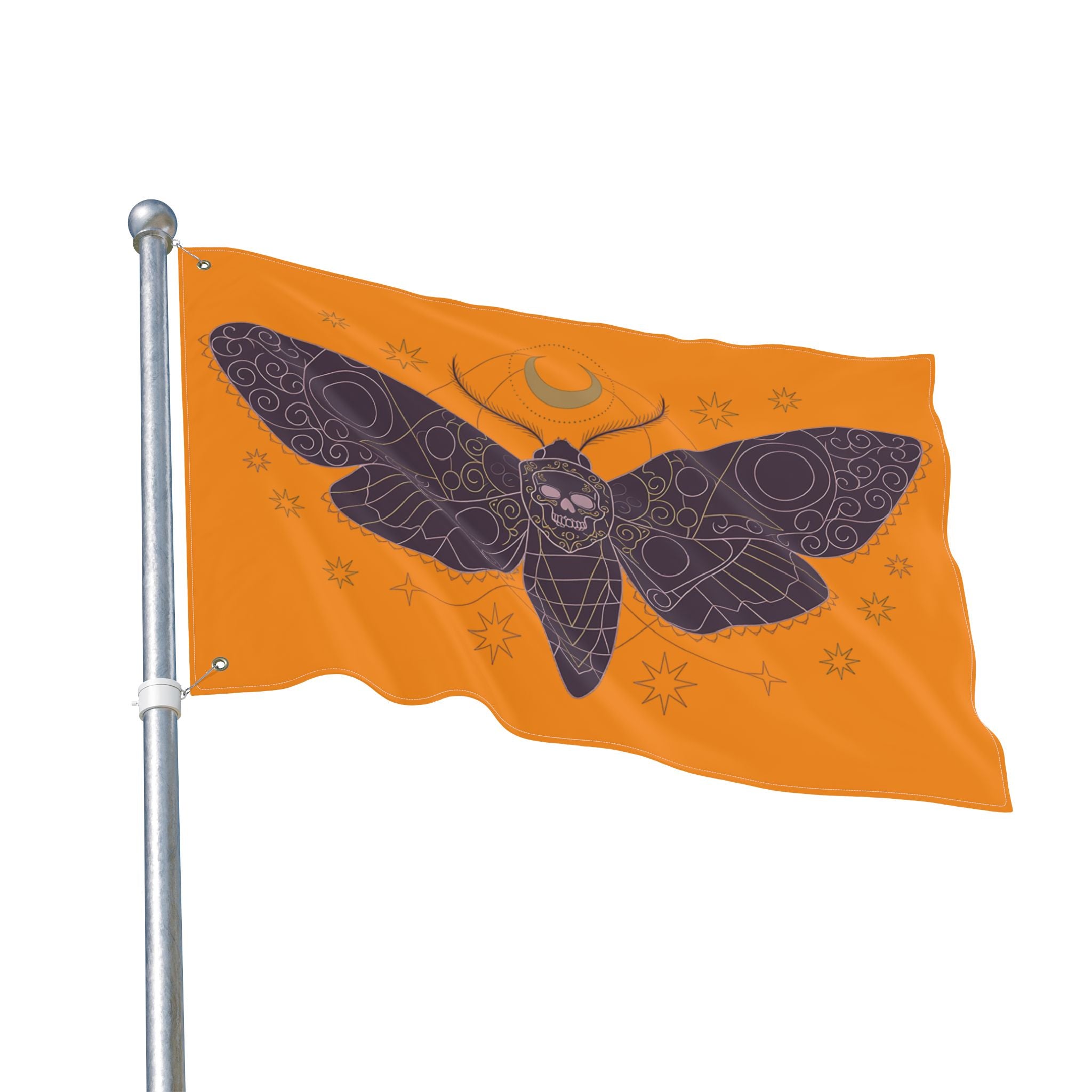 Orange moth skull flag on pole, purple wings and skull emblem shown in side view.