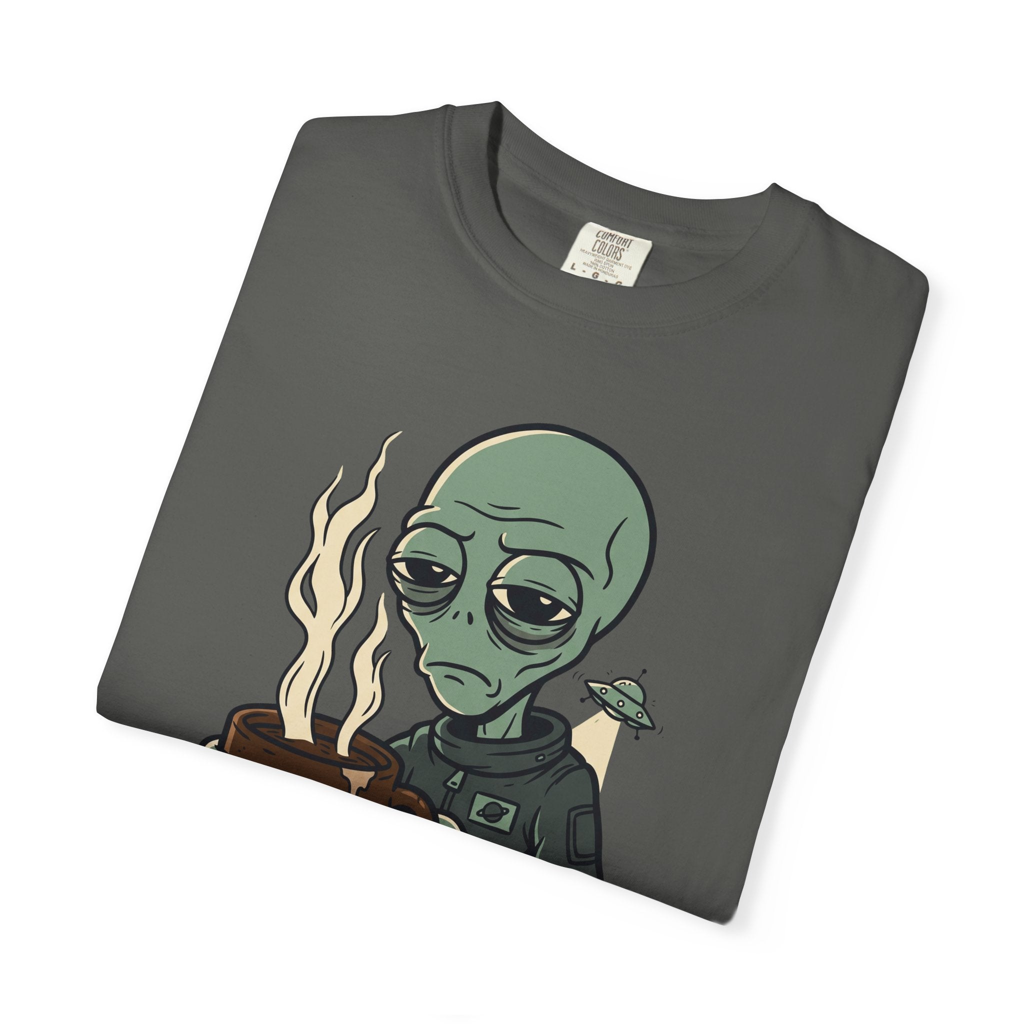 Charcoal T-shirt with green alien holding a coffee mug and small alien head graphic