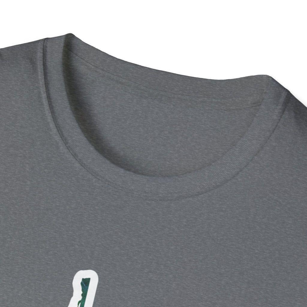 Graphite Heather T-shirt neckline close-up, partial West Virginia map print