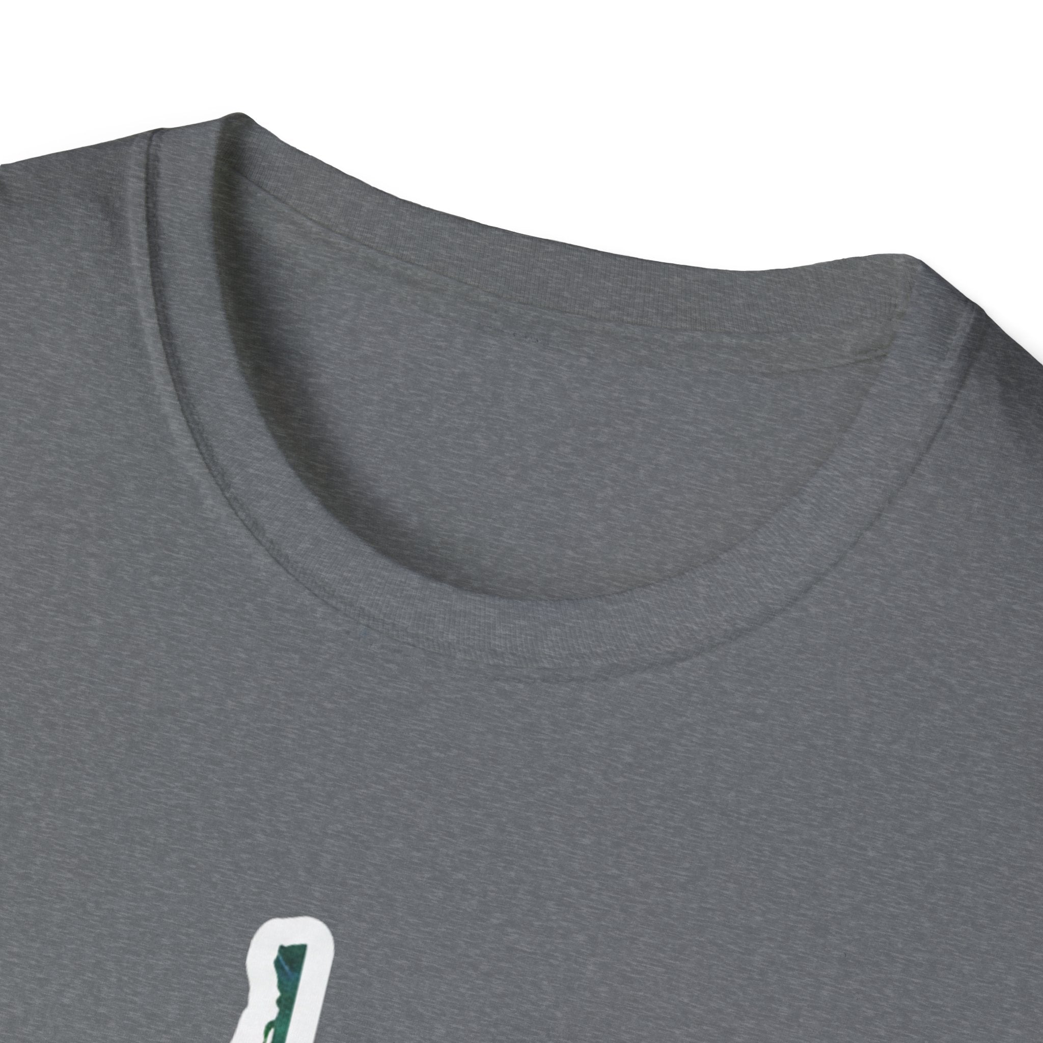 Graphite Heather T-shirt neckline close-up, partial West Virginia map print