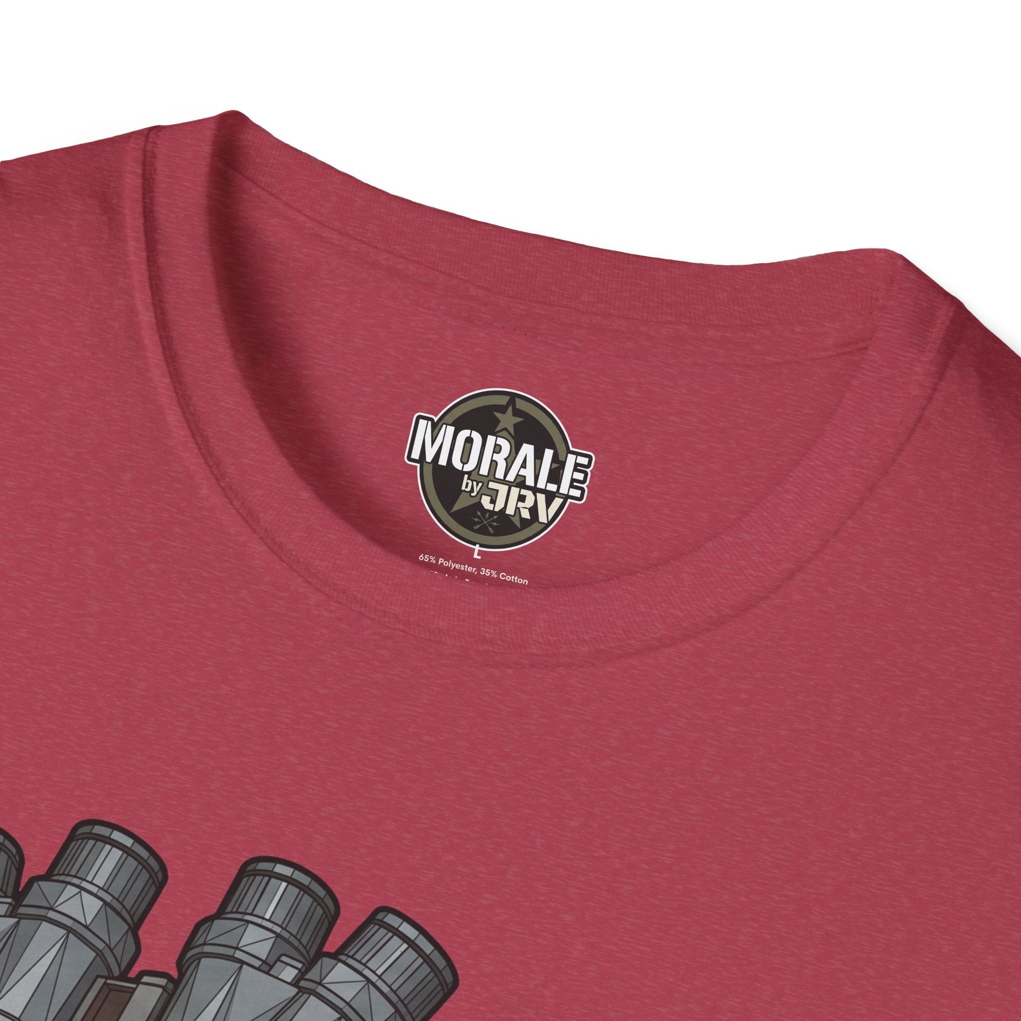 Red T-shirt neckline with circular logo patch at center