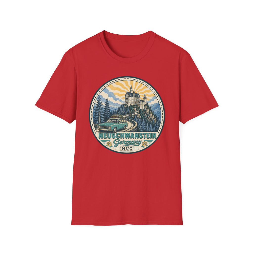 Red crew-neck short-sleeve T-shirt featuring a circular castle illustration