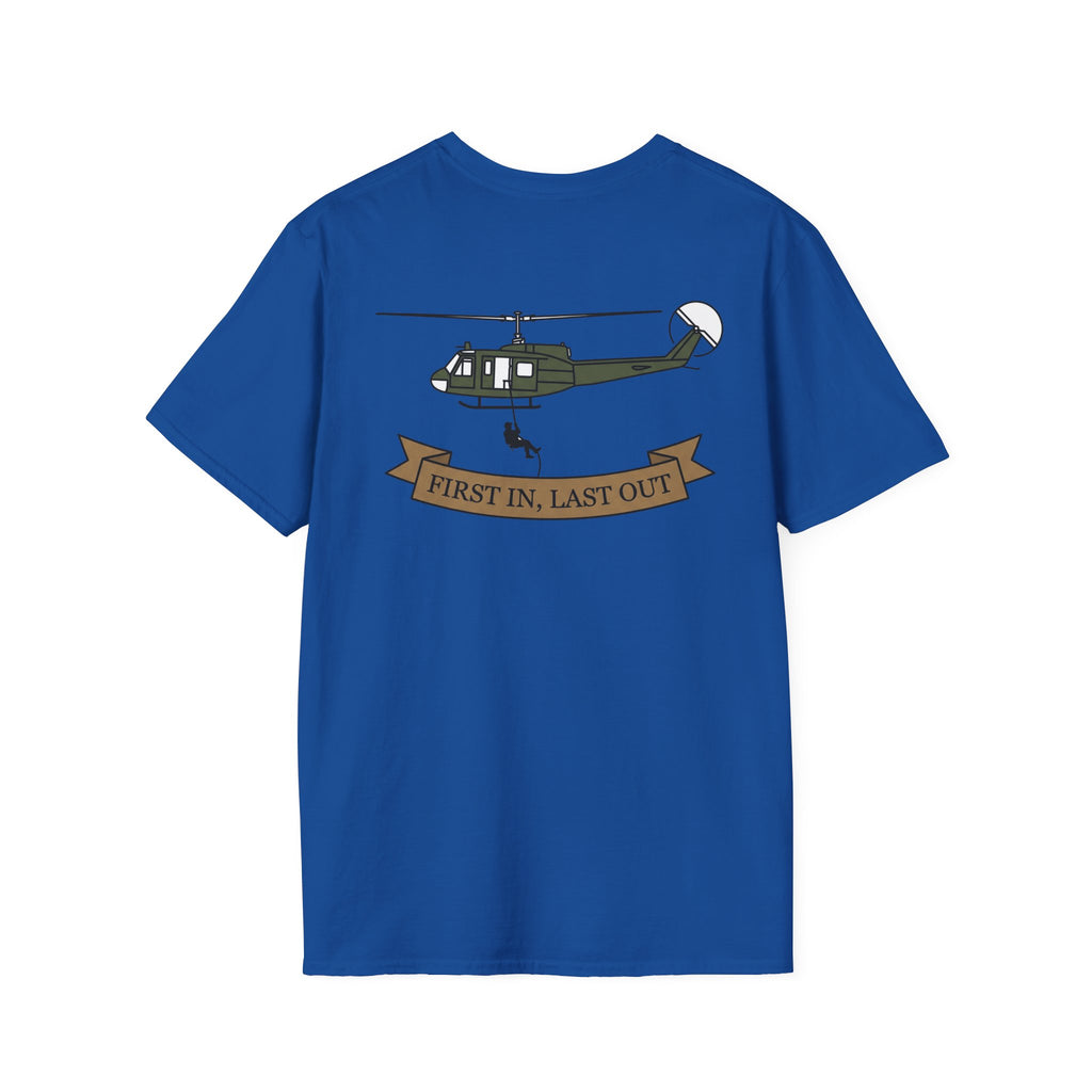 Royal blue rescue helicopter T-shirt with helicopter and banner graphic on front