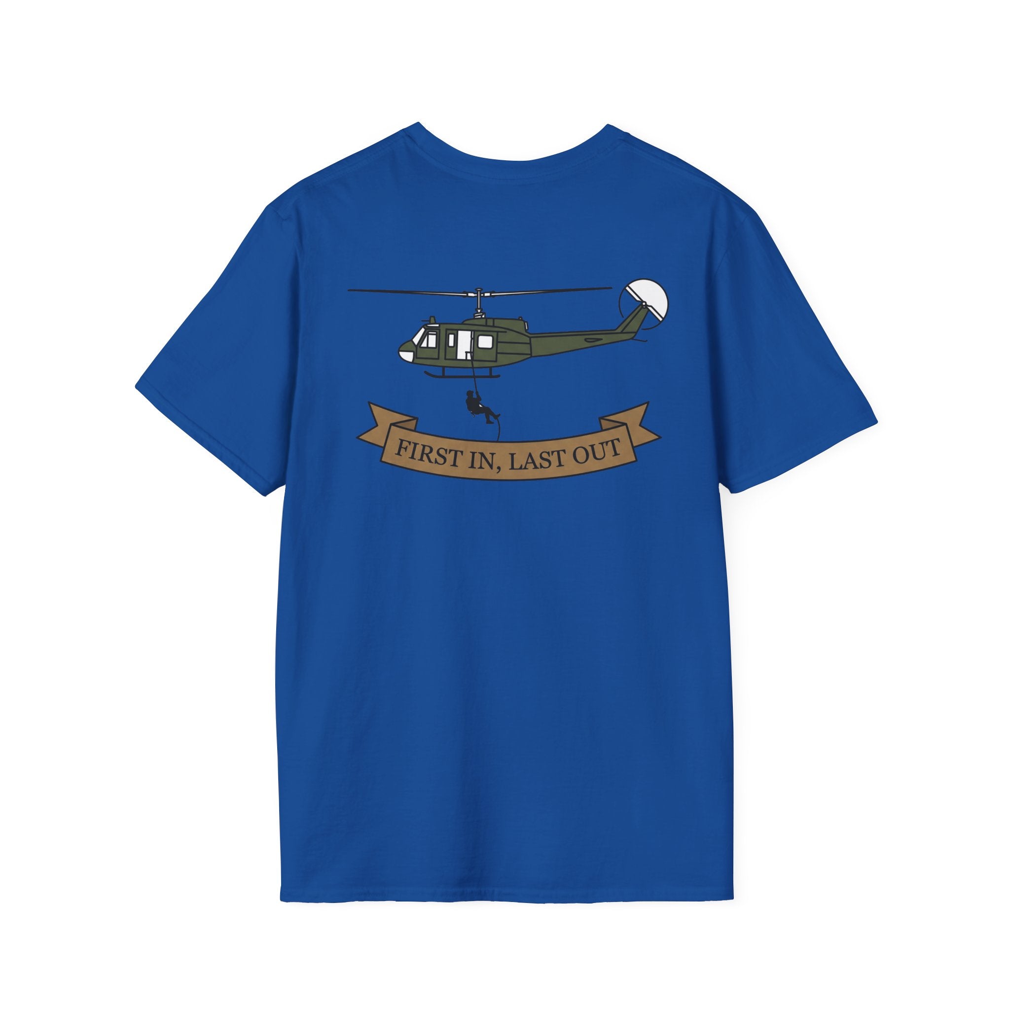 Royal blue rescue helicopter T-shirt with helicopter and banner graphic on front