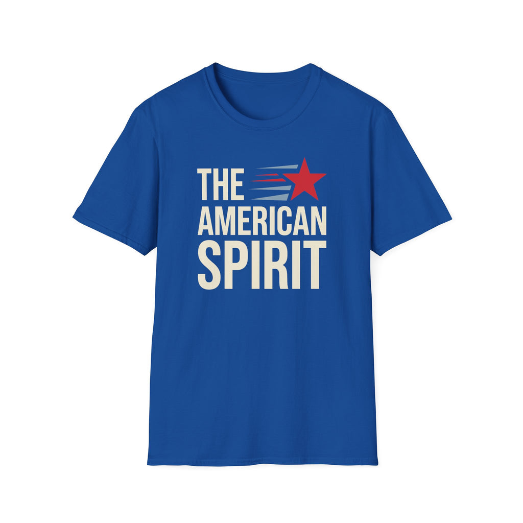 T-shirt, royal blue, crew neck, short sleeves, "THE AMERICAN SPIRIT" logo.