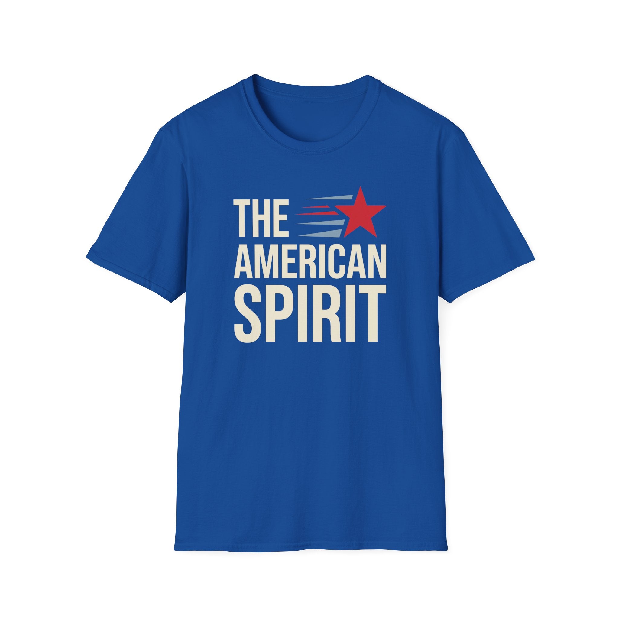 T-shirt, royal blue, crew neck, short sleeves, "THE AMERICAN SPIRIT" logo.