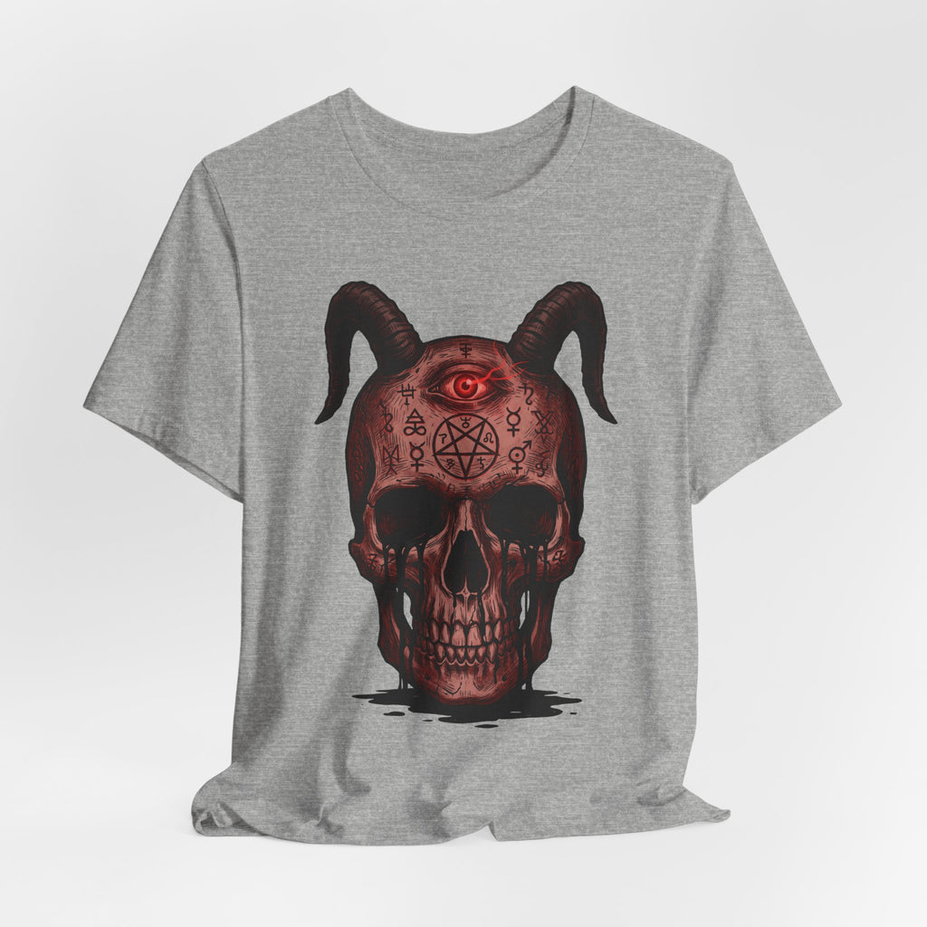 Heather gray unisex T-shirt with front demon skull graphic, horns and red eye