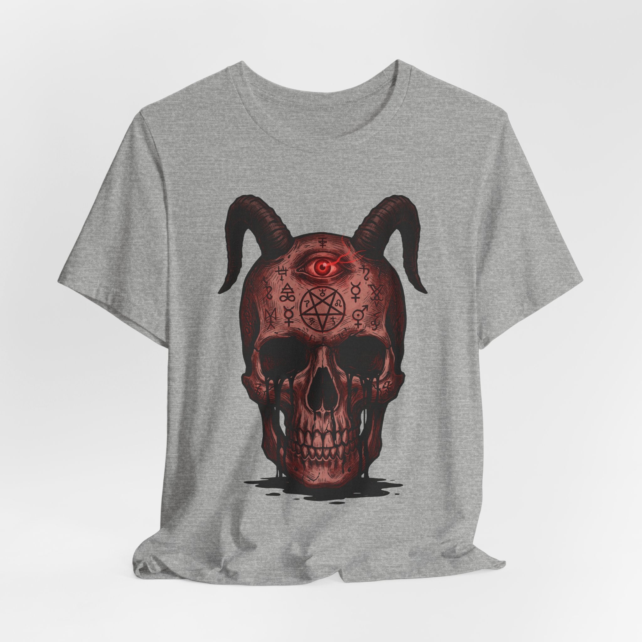 Heather gray unisex T-shirt with front demon skull graphic, horns and red eye
