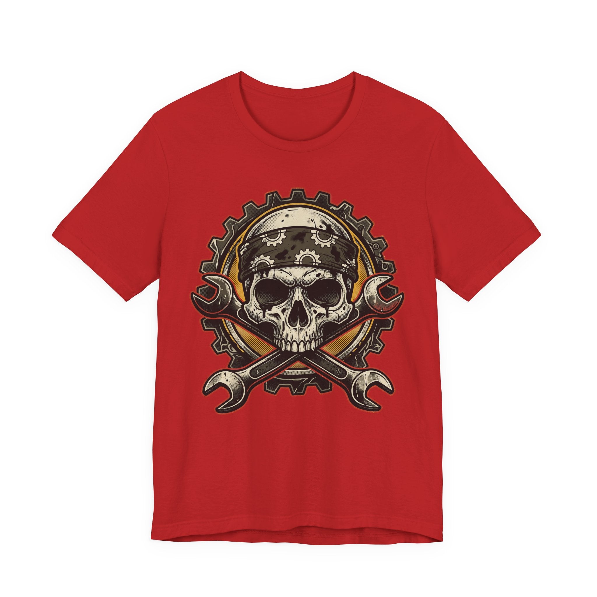 Rotes T-Shirt mit Biker-Schädel-Graphic und gekreuzten Schraubenschlüsseln auf der Brust