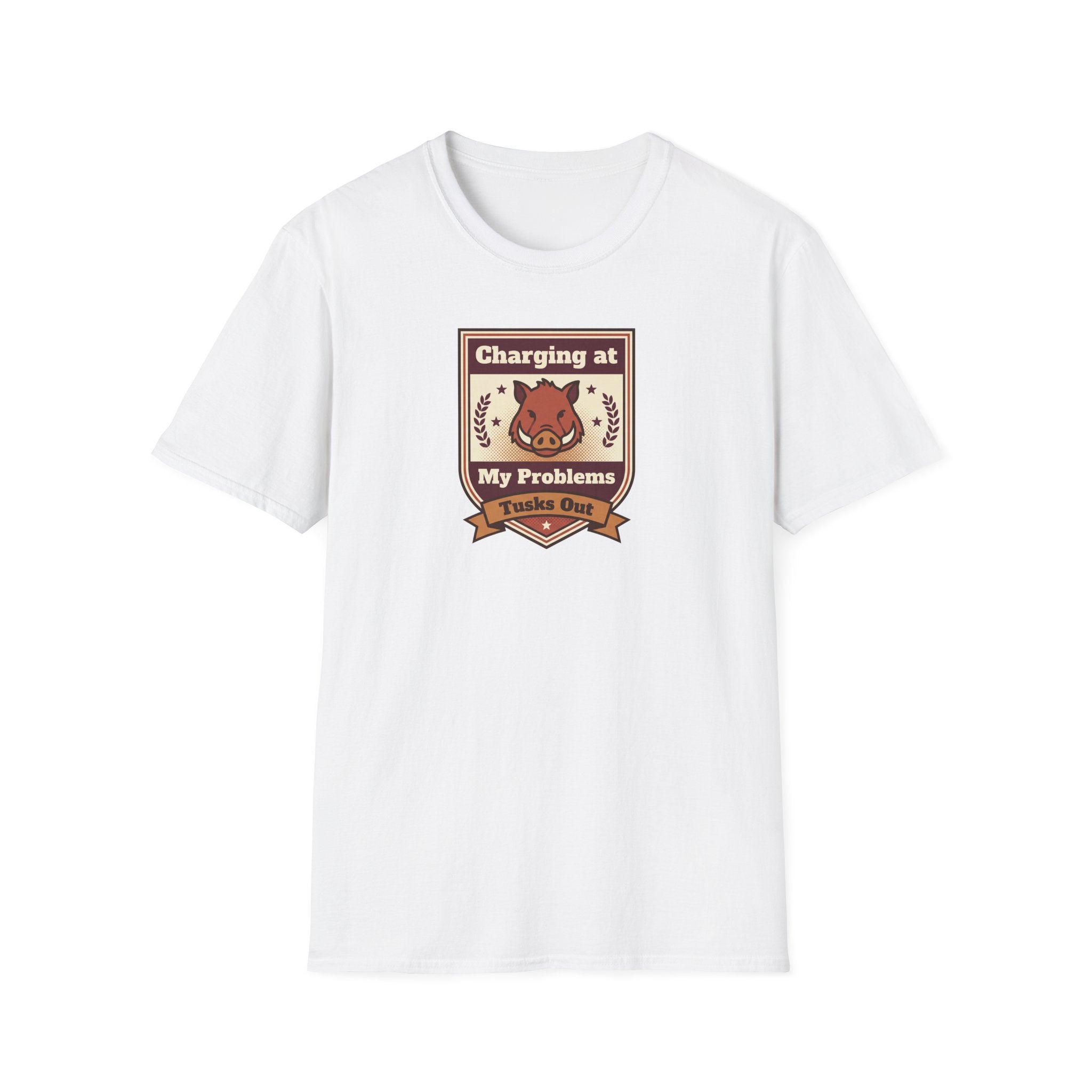 White crew-neck T-shirt with small charging wild boar crest graphic