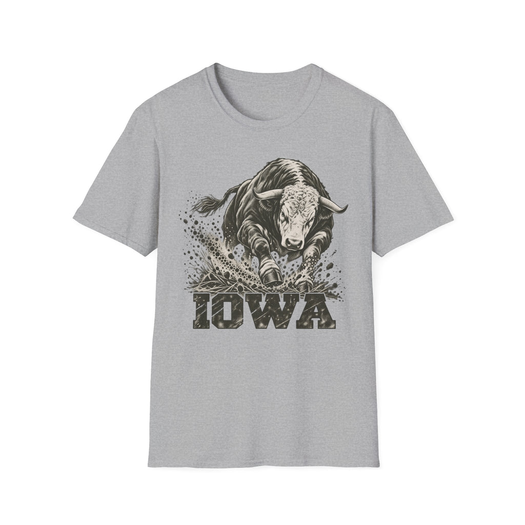Gray crewneck t-shirt with charging bull and Iowa graphic print on front