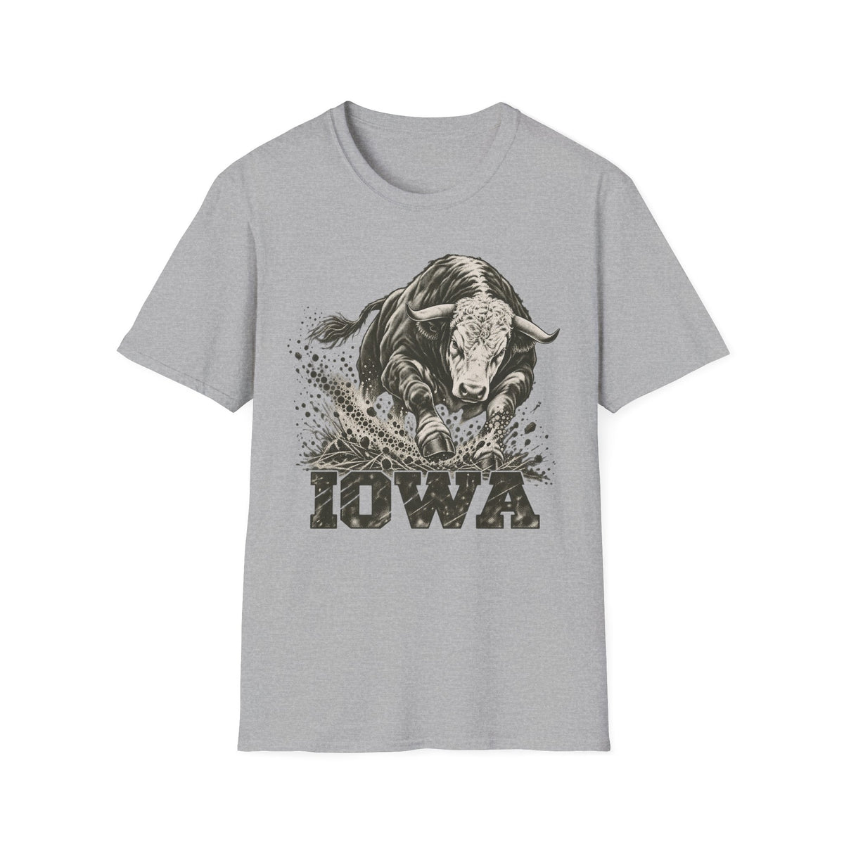 Gray crewneck t-shirt with charging bull and Iowa graphic print on front