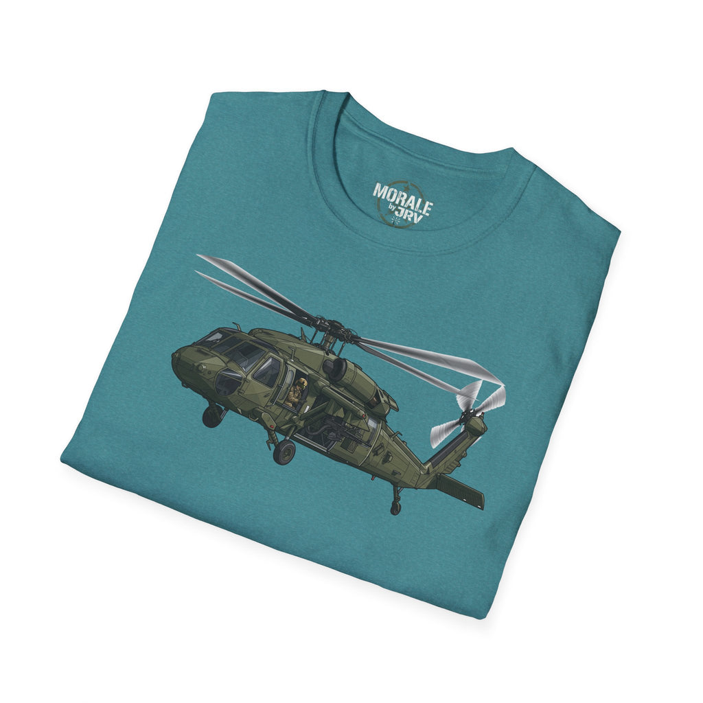 Teal crew-neck T-shirt with printed military helicopter graphic across chest