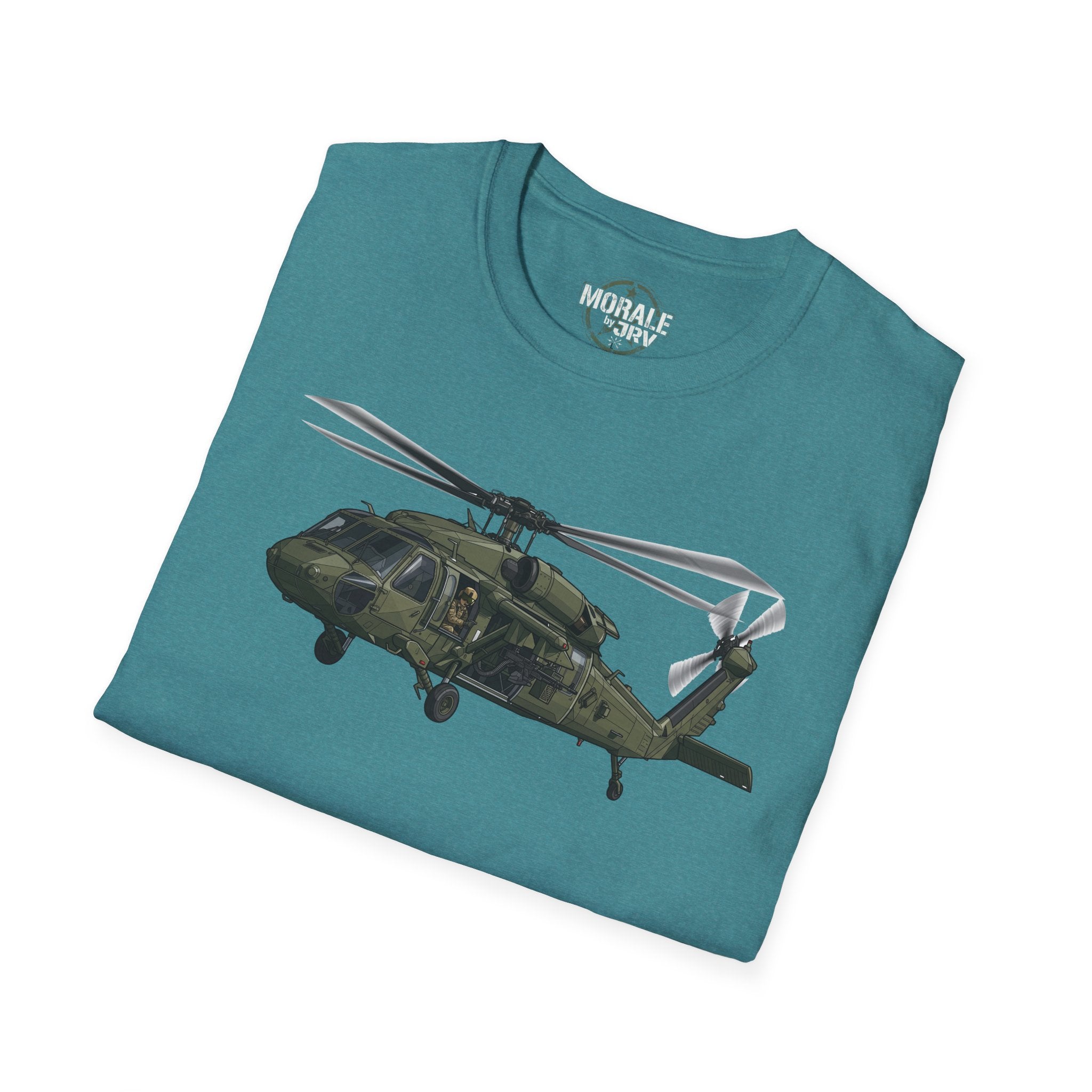 Teal crew-neck T-shirt with printed military helicopter graphic across chest