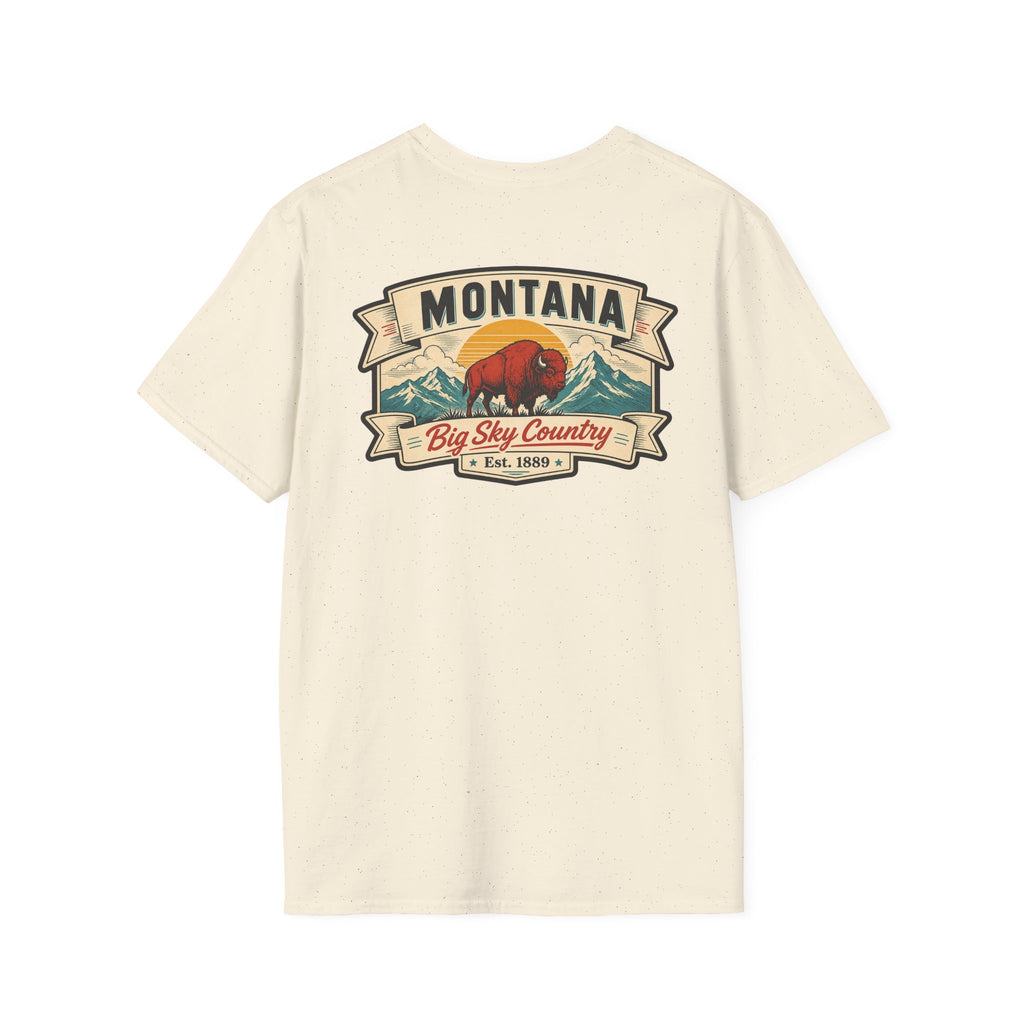 Cream Montana bison travel T-shirt with 'MONTANA' and 'Big Sky Country' graphic