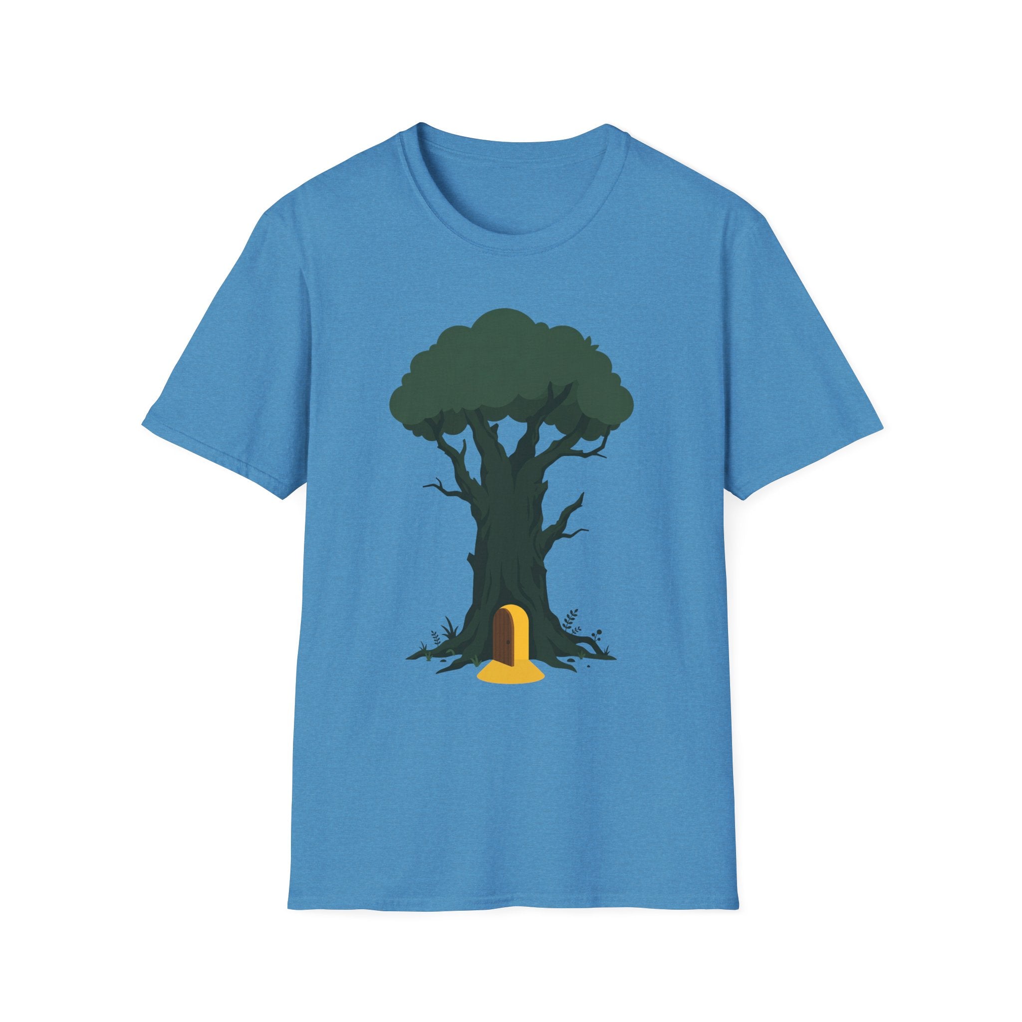 Blue T-shirt with enchanted tree and yellow door graphic