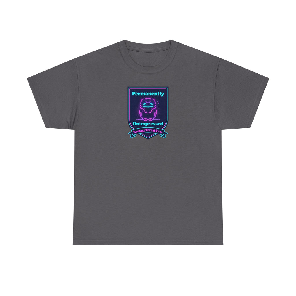 Charcoal crewneck T-shirt with neon robot badge graphic centered on chest