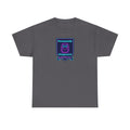 Charcoal crewneck T-shirt with neon robot badge graphic centered on chest