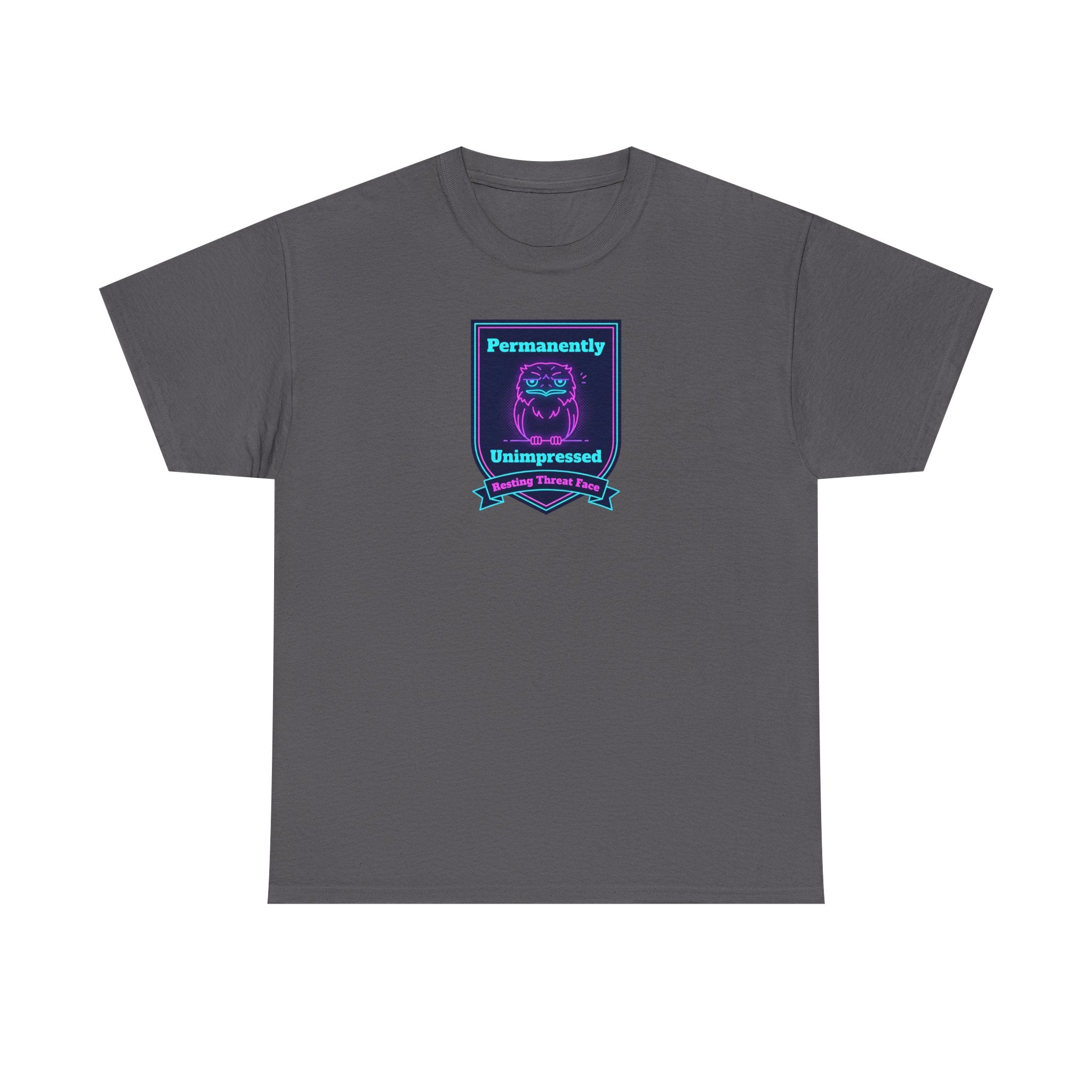 Charcoal crewneck T-shirt with neon robot badge graphic centered on chest