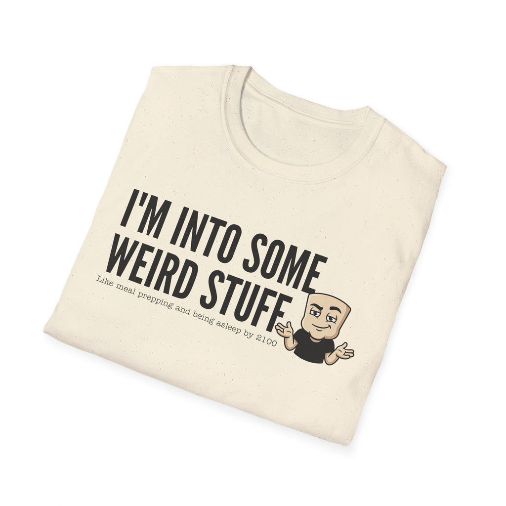 Cream T-shirt with 'I'm into some weird stuff' front graphic and cartoon character