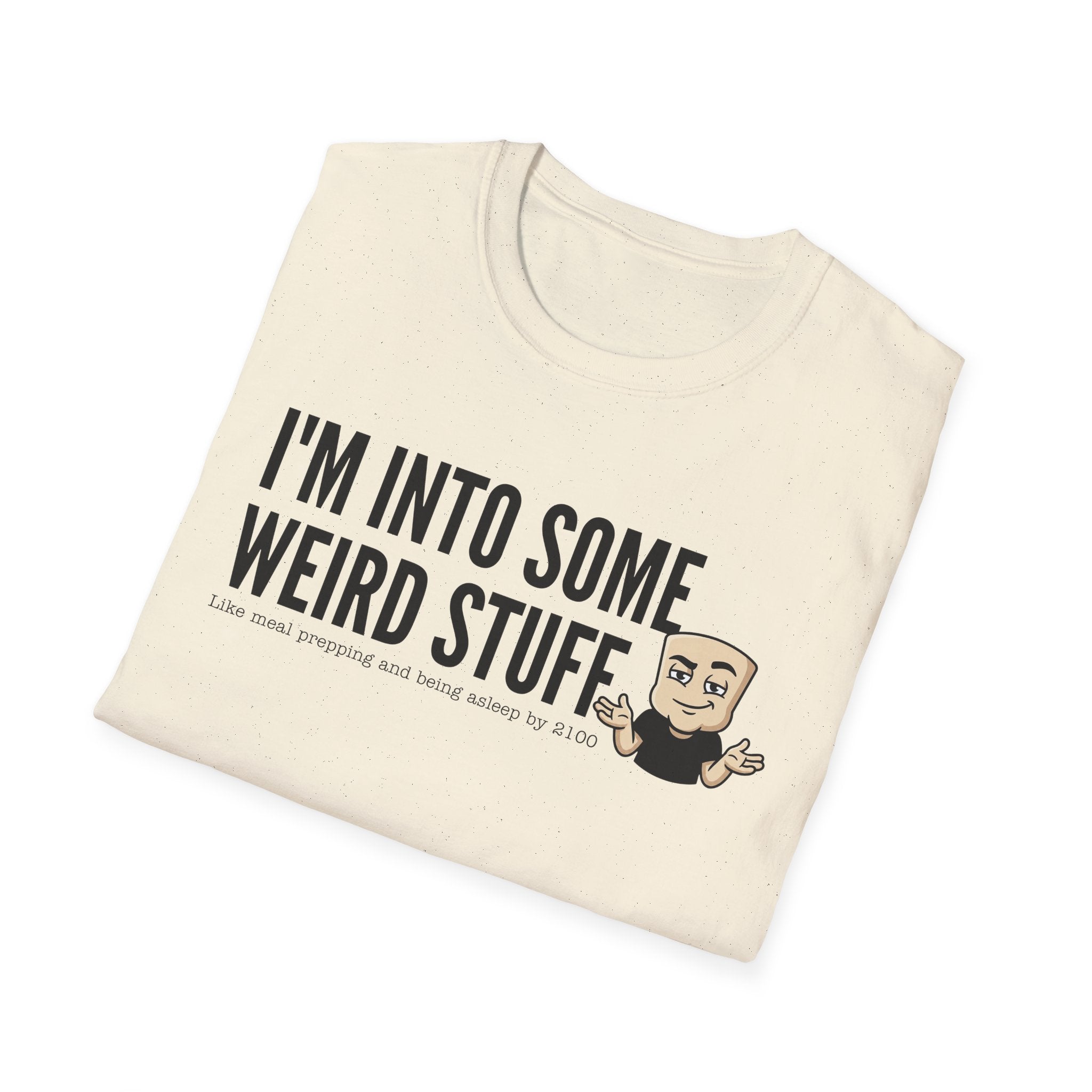 Cream T-shirt with 'I'm into some weird stuff' front graphic and cartoon character