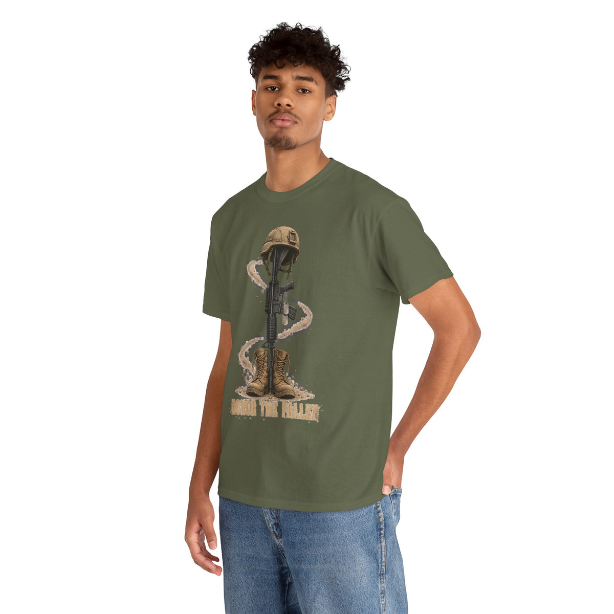 Military green crewneck T-shirt worn by model, helmet-and-rifle graphic