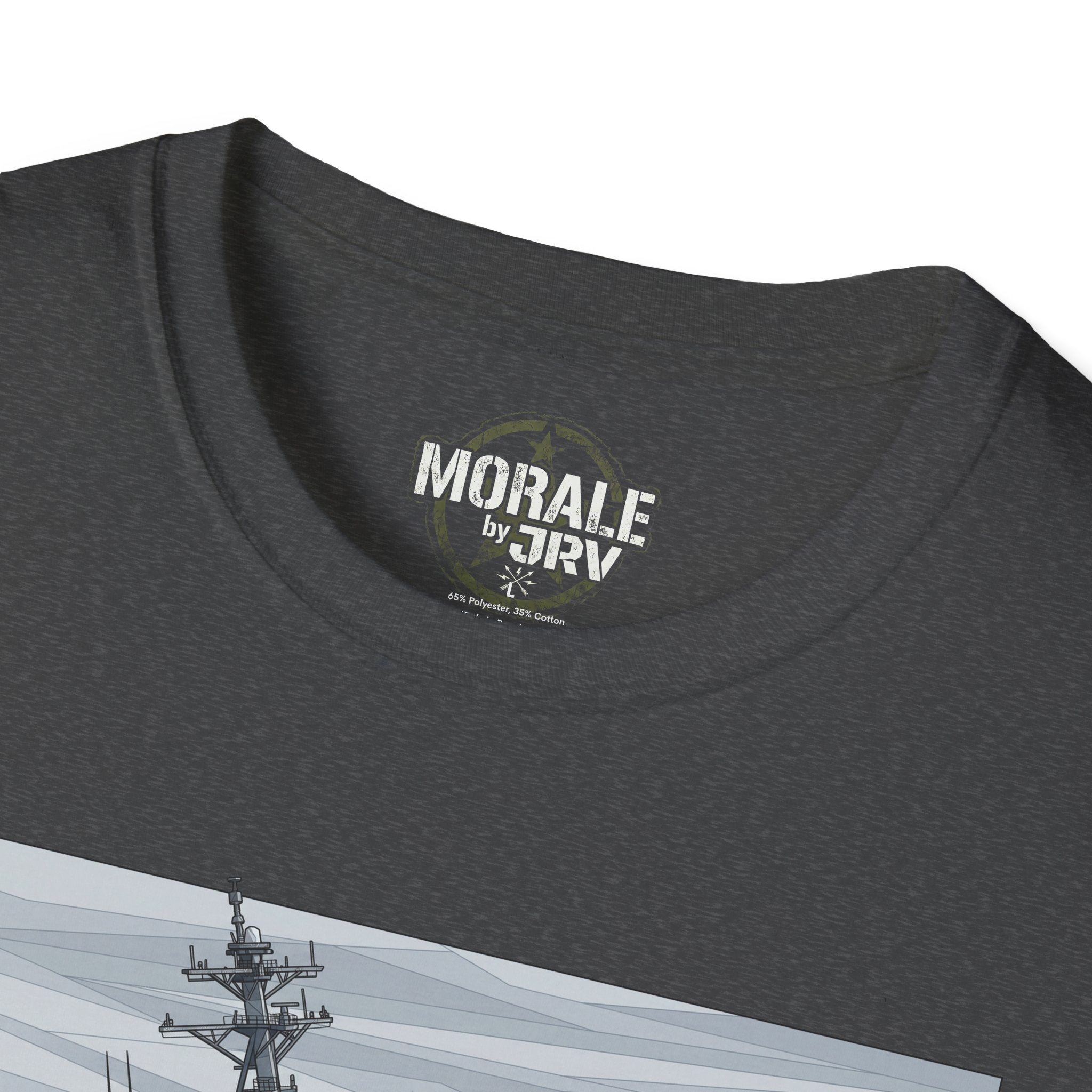 Dark heather crewneck T-shirt close-up of neck label and partial ship graphic