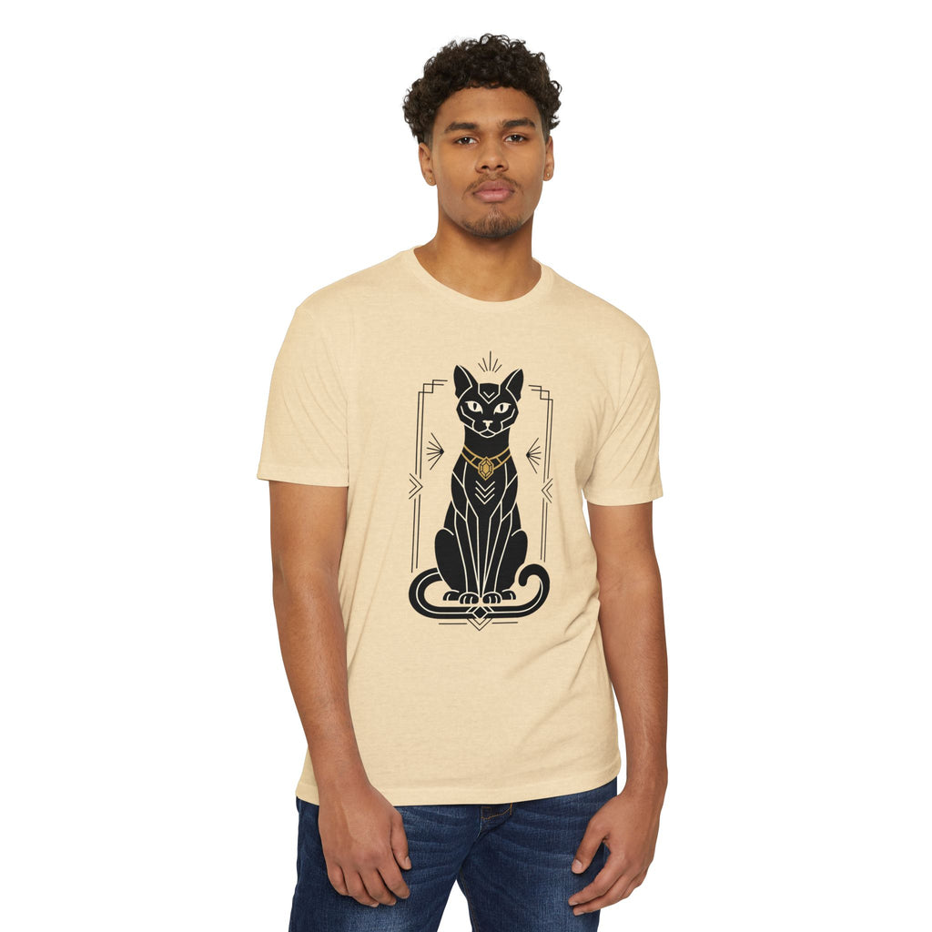 Cream cat graphic t-shirt with Egyptian cat illustration on front worn by model