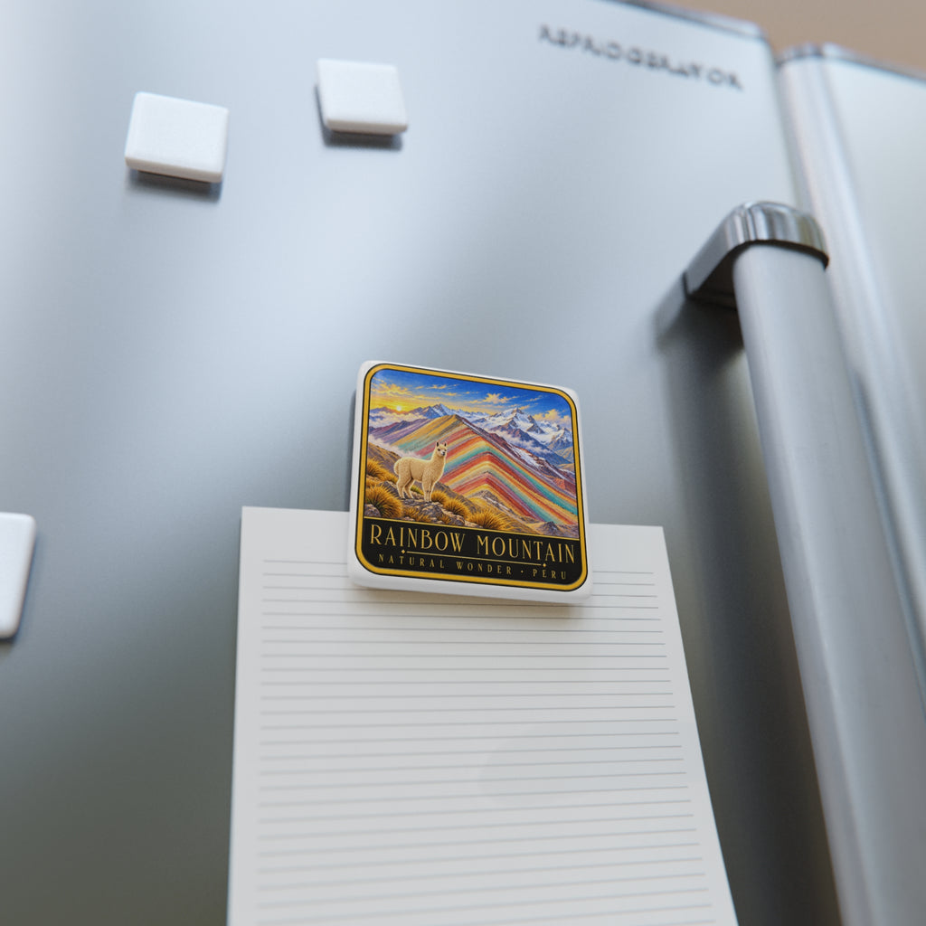 Square white porcelain fridge magnet showing rainbow mountain stripes and llama
