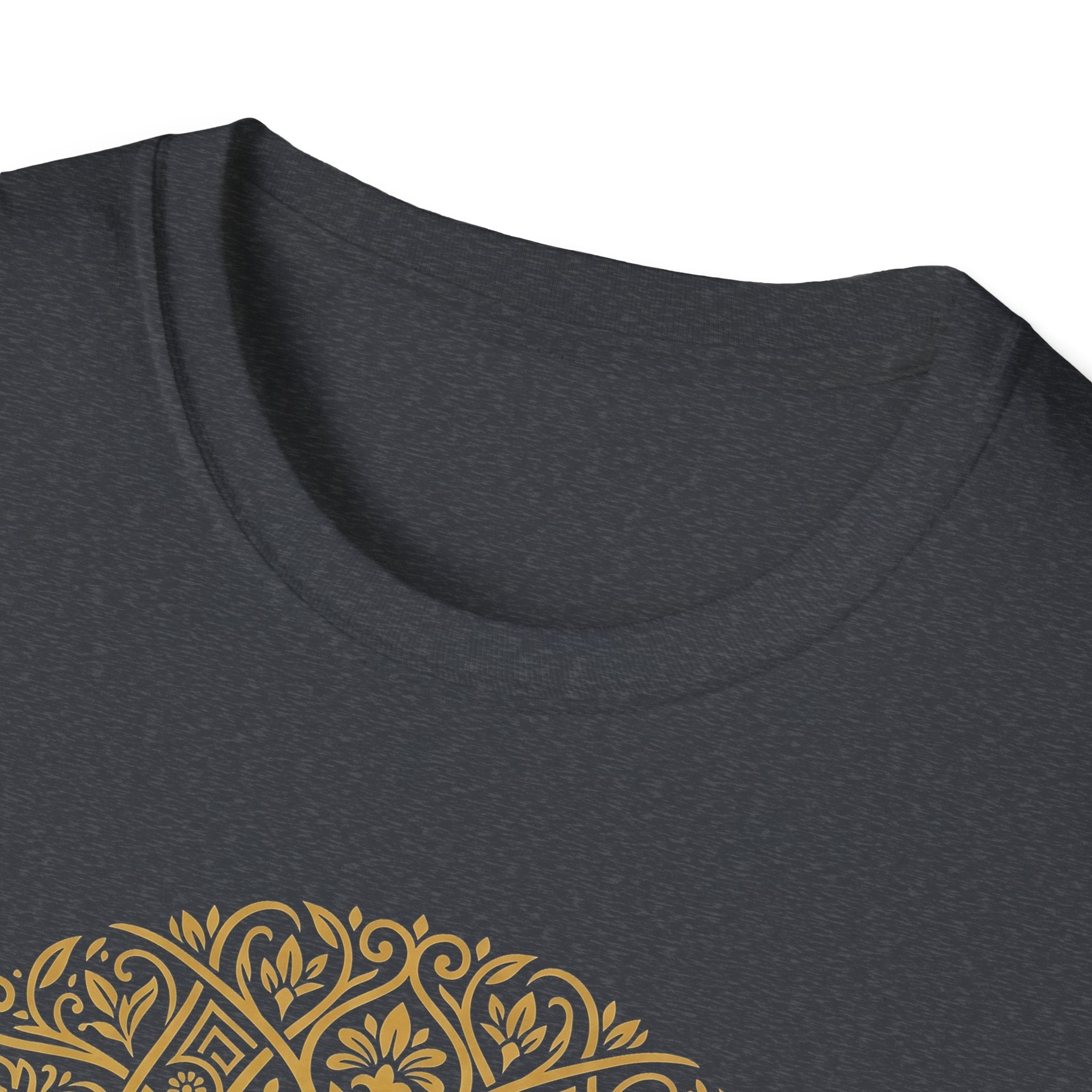 Crew neck on dark heather T-shirt, close-up fabric texture