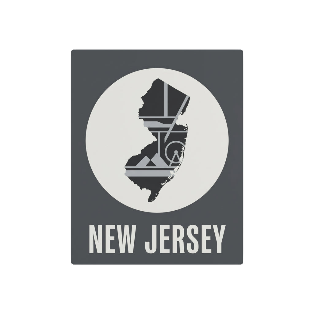 New Jersey metal wall art sign, dark gray with white circle and 'NEW JERSEY' lettering