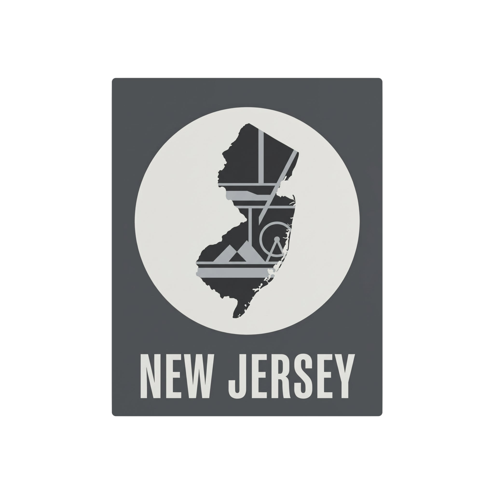 New Jersey metal wall art sign, dark gray with white circle and 'NEW JERSEY' lettering