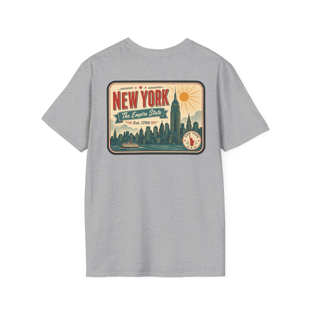 Light gray New York skyline graphic T-shirt, short-sleeve crew neck